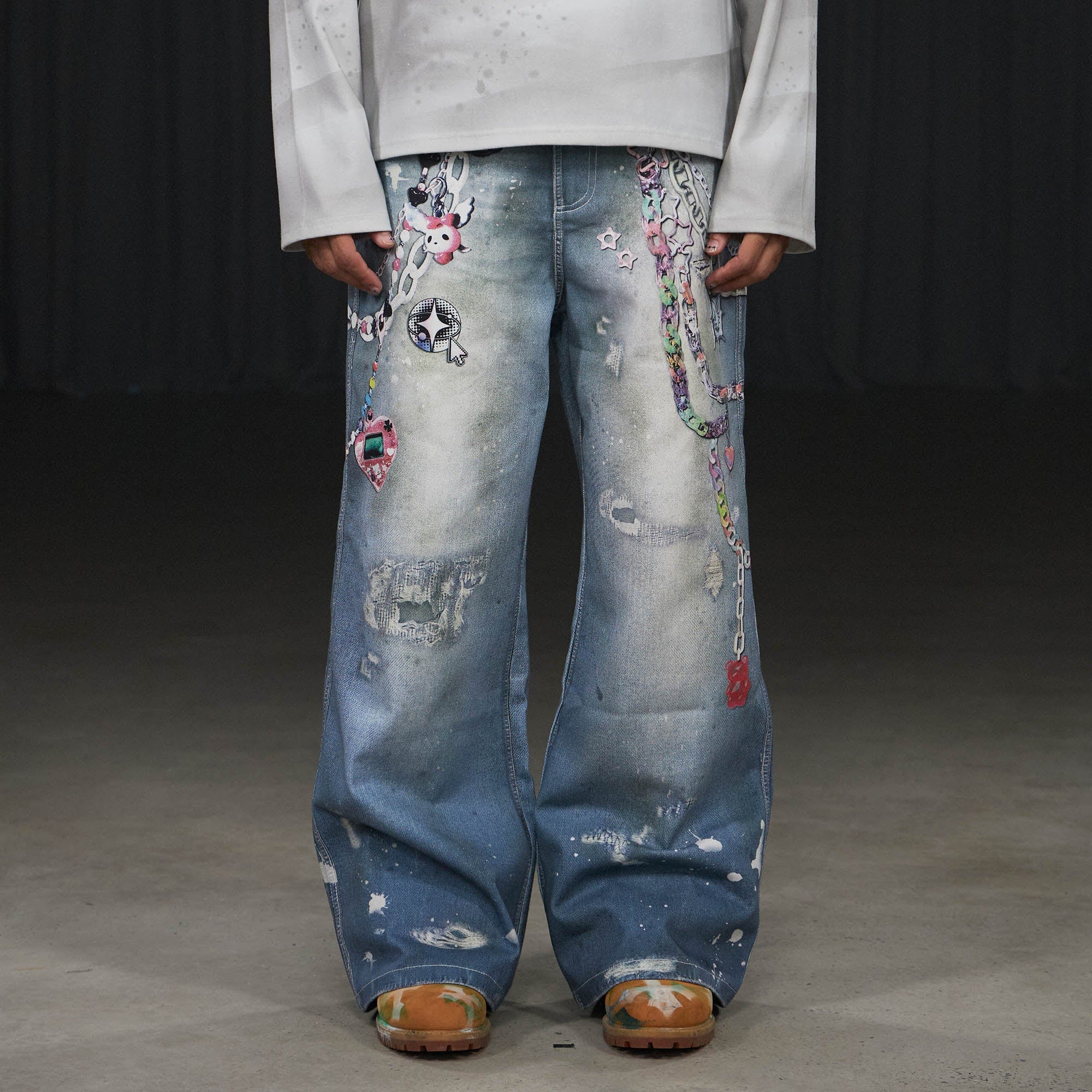 DND4DES Cartoon Chain Wide-Leg Jeans, premium urban and streetwear designers apparel on PROJECTISR.com, DND4DES
