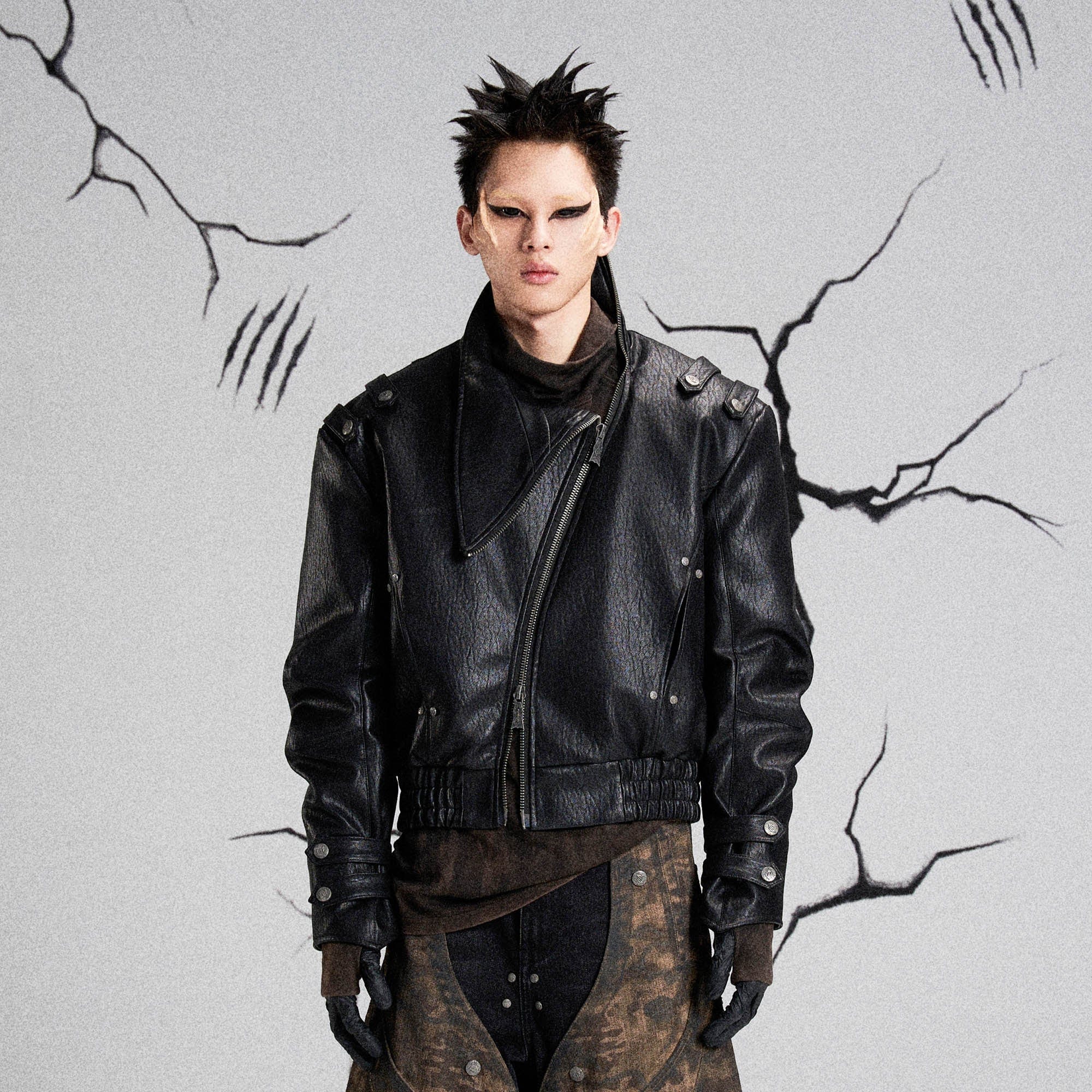 FLYERRER Mutation Asymmetrical High-Collar Faux Leather Jacket, premium urban and streetwear designers apparel on PROJECTISR.com, FLYERRER