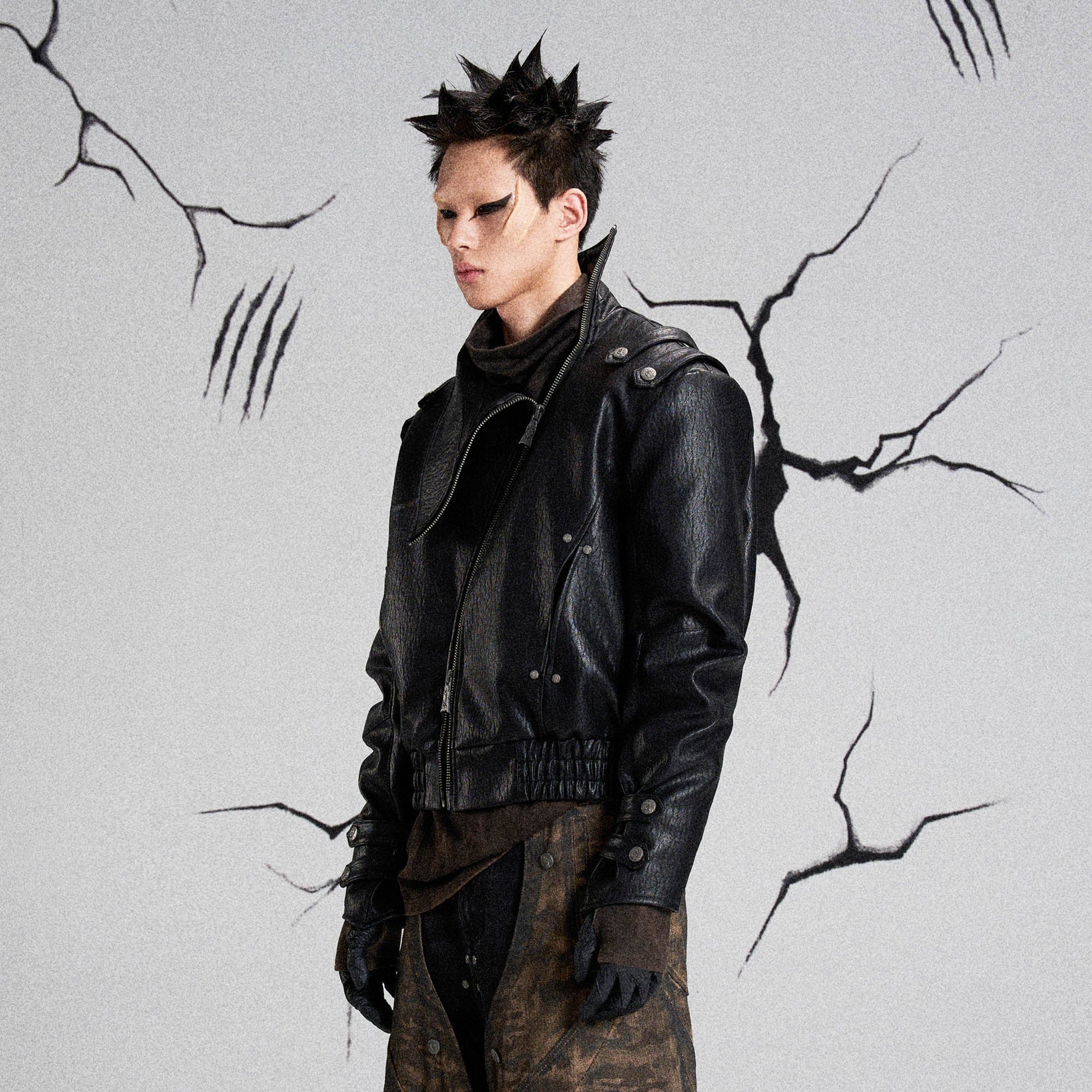 FLYERRER Mutation Asymmetrical High-Collar Faux Leather Jacket, premium urban and streetwear designers apparel on PROJECTISR.com, FLYERRER