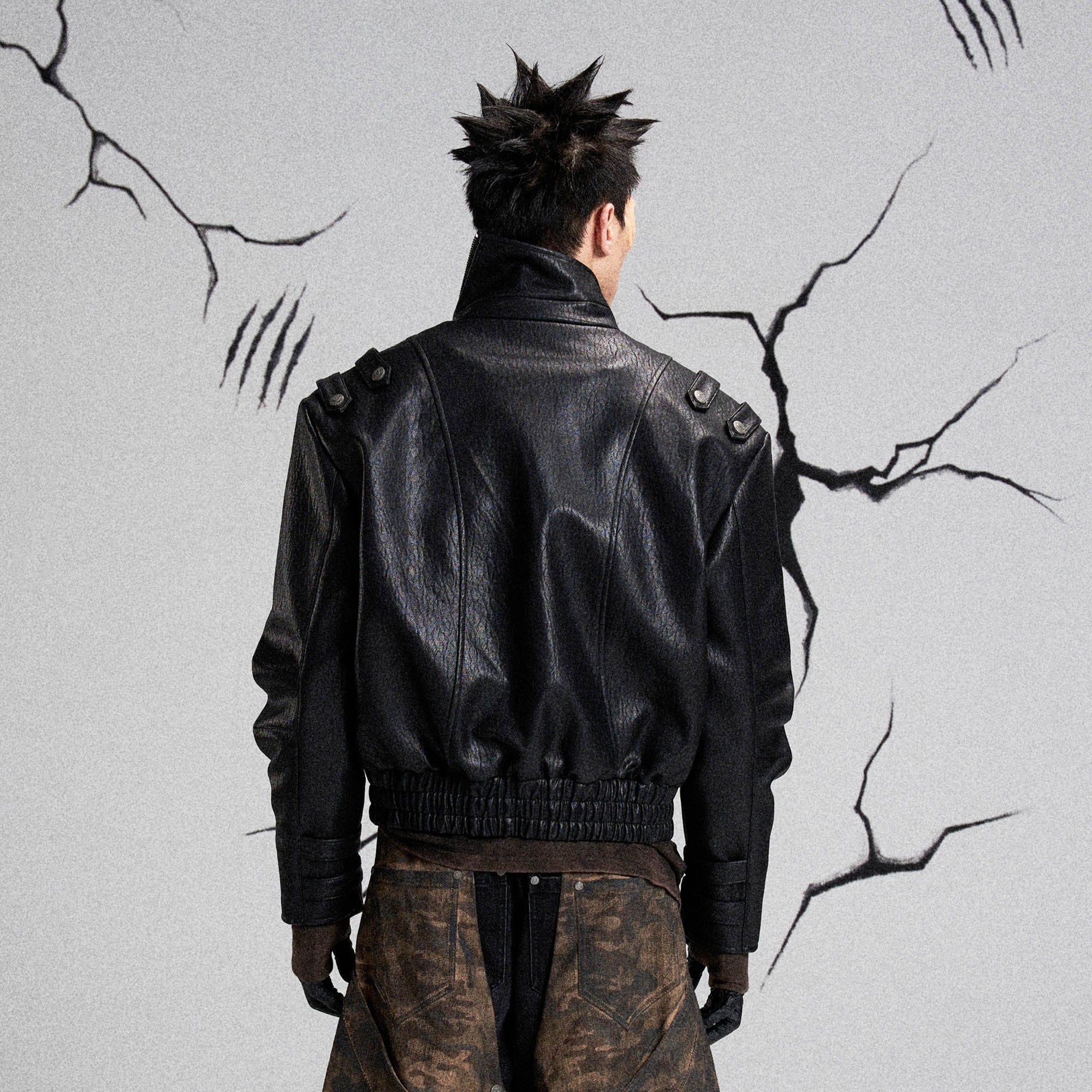 FLYERRER Mutation Asymmetrical High-Collar Faux Leather Jacket, premium urban and streetwear designers apparel on PROJECTISR.com, FLYERRER