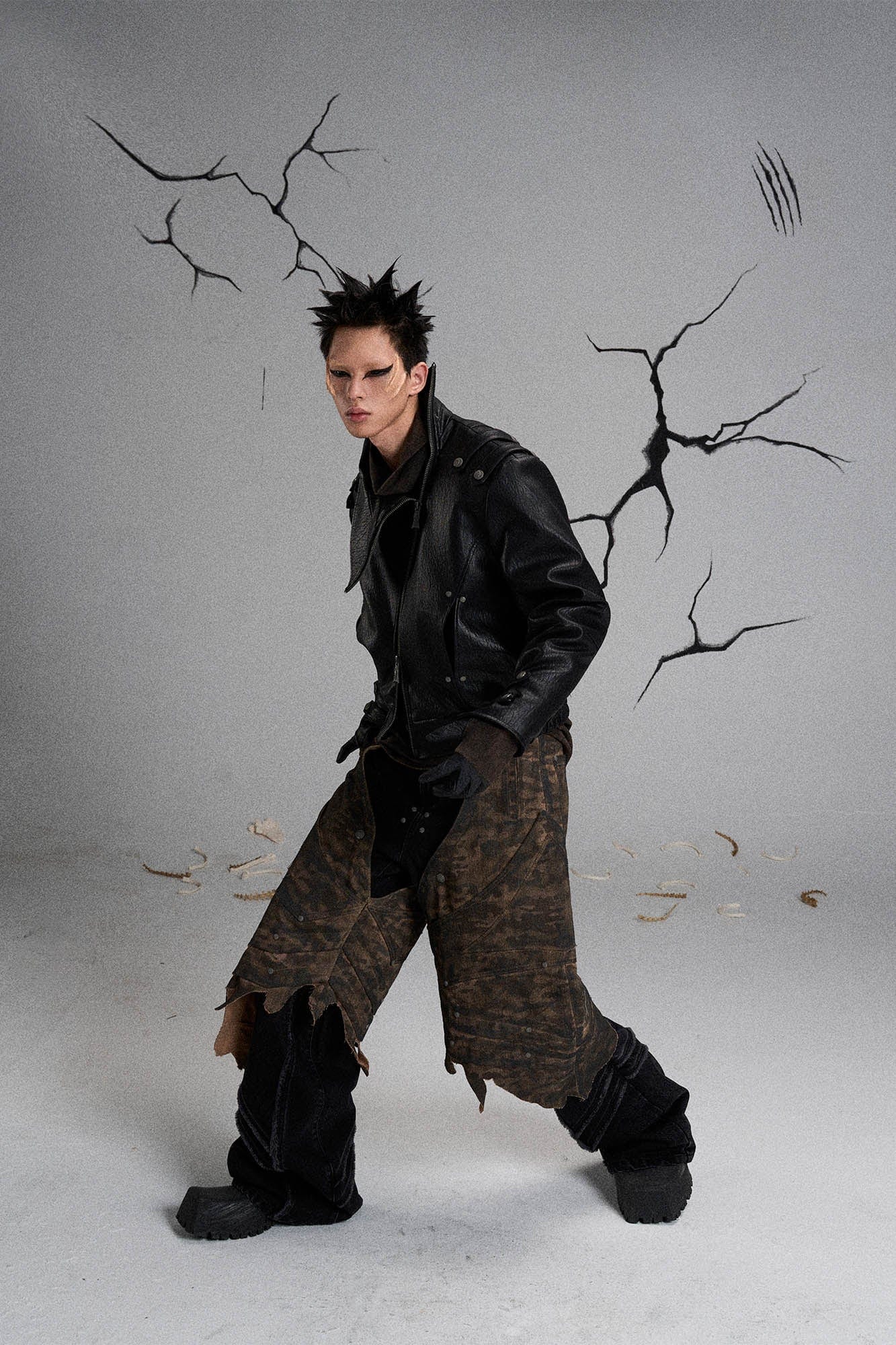 FLYERRER Mutation Asymmetrical High-Collar Faux Leather Jacket, premium urban and streetwear designers apparel on PROJECTISR.com, FLYERRER