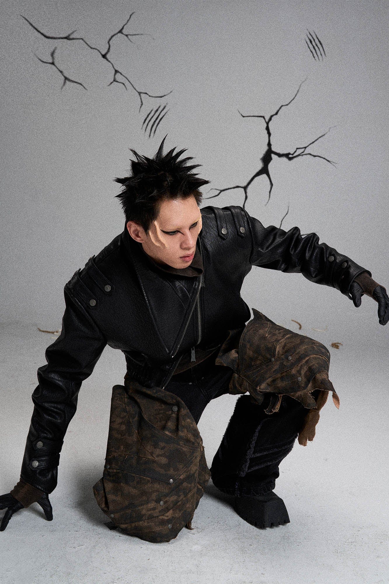 FLYERRER Mutation Asymmetrical High-Collar Faux Leather Jacket, premium urban and streetwear designers apparel on PROJECTISR.com, FLYERRER