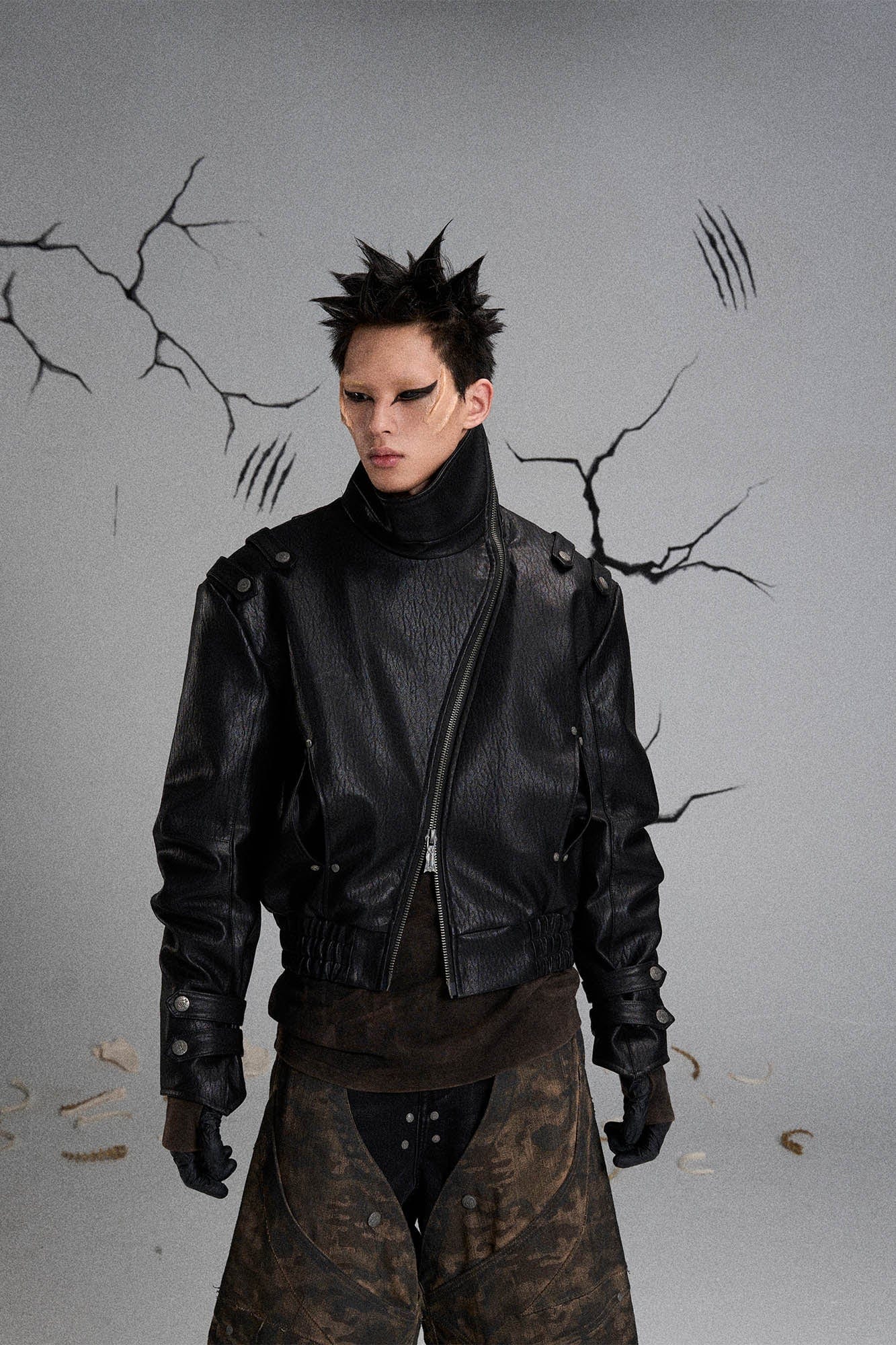 FLYERRER Mutation Asymmetrical High-Collar Faux Leather Jacket, premium urban and streetwear designers apparel on PROJECTISR.com, FLYERRER