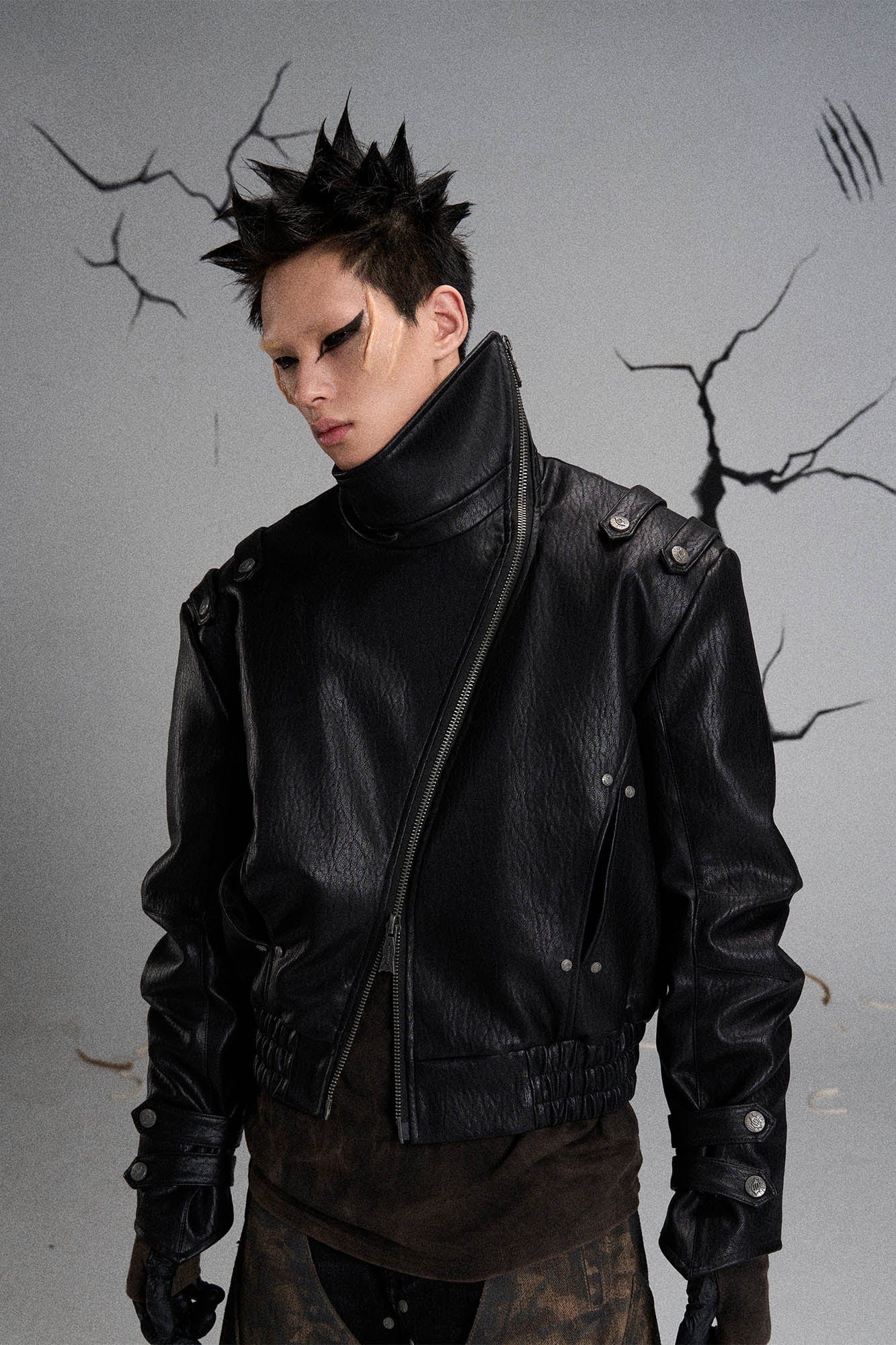 FLYERRER Mutation Asymmetrical High-Collar Faux Leather Jacket, premium urban and streetwear designers apparel on PROJECTISR.com, FLYERRER