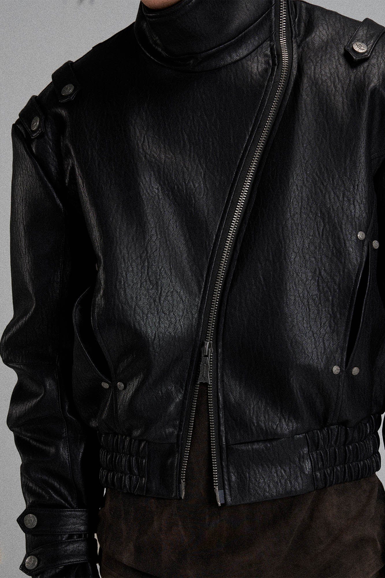 FLYERRER Mutation Asymmetrical High-Collar Faux Leather Jacket, premium urban and streetwear designers apparel on PROJECTISR.com, FLYERRER