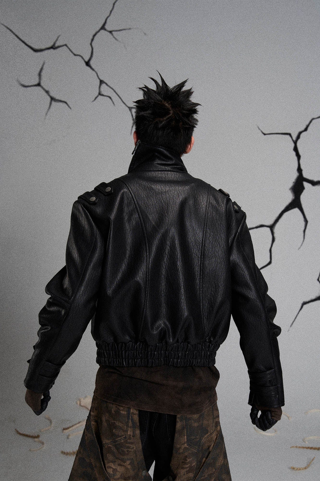 FLYERRER Mutation Asymmetrical High-Collar Faux Leather Jacket, premium urban and streetwear designers apparel on PROJECTISR.com, FLYERRER