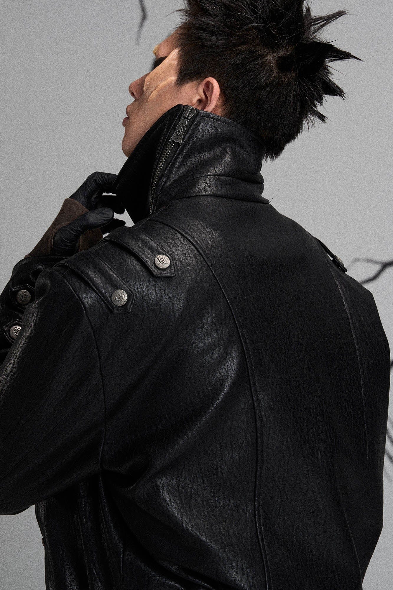 FLYERRER Mutation Asymmetrical High-Collar Faux Leather Jacket, premium urban and streetwear designers apparel on PROJECTISR.com, FLYERRER