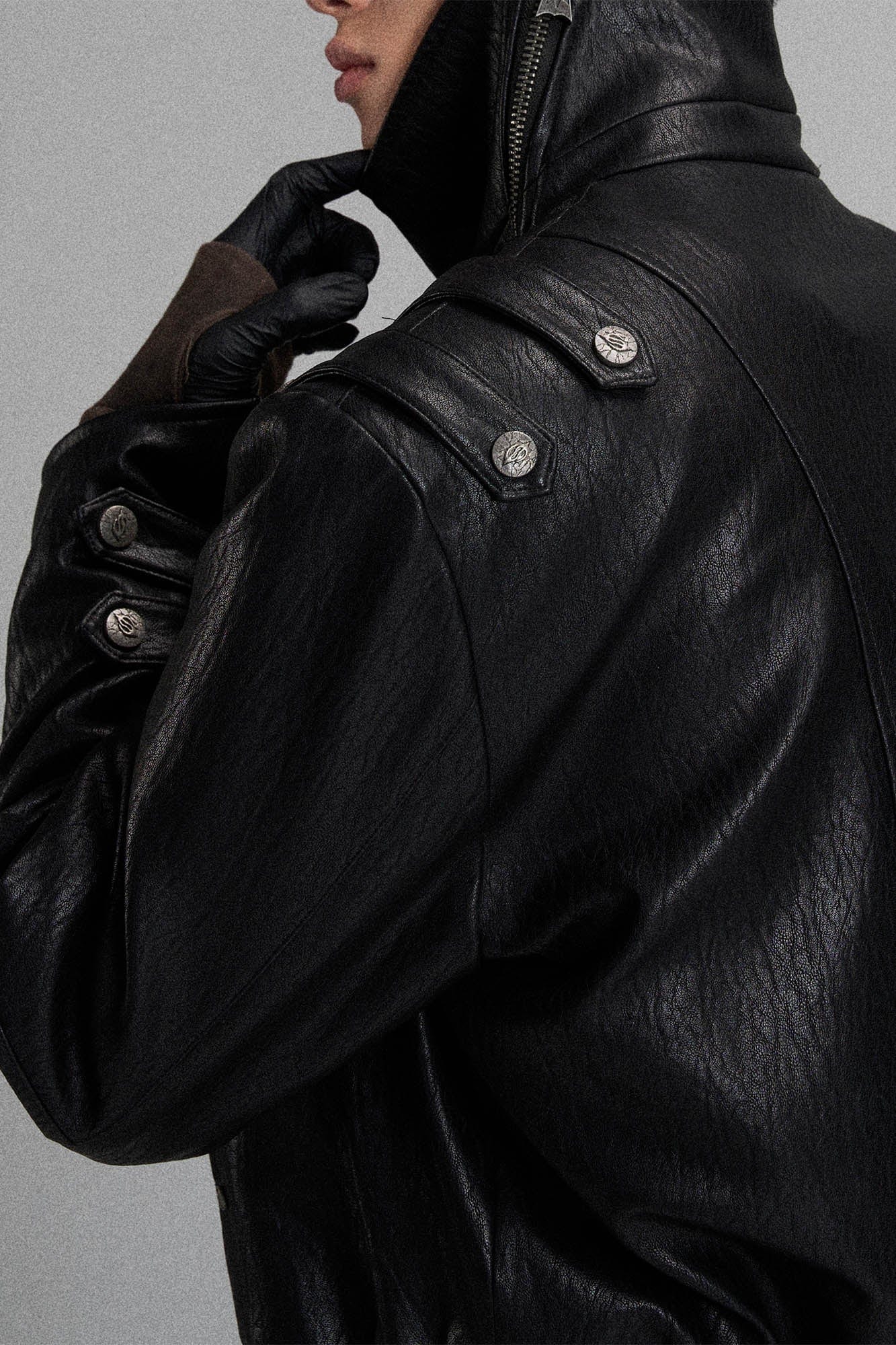 FLYERRER Mutation Asymmetrical High-Collar Faux Leather Jacket, premium urban and streetwear designers apparel on PROJECTISR.com, FLYERRER