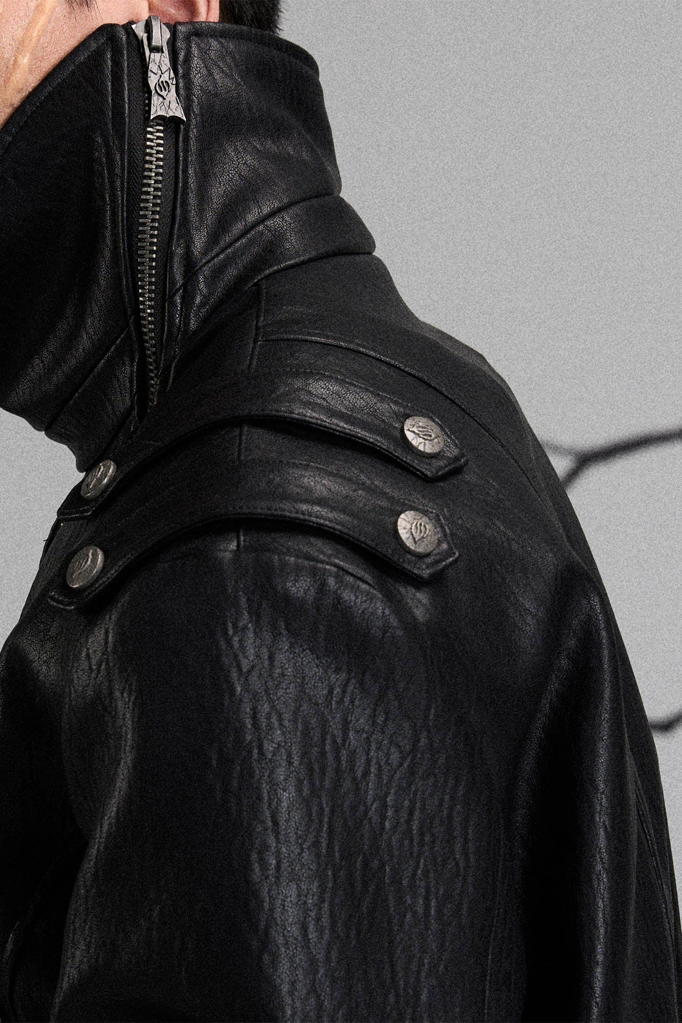 FLYERRER Mutation Asymmetrical High-Collar Faux Leather Jacket, premium urban and streetwear designers apparel on PROJECTISR.com, FLYERRER