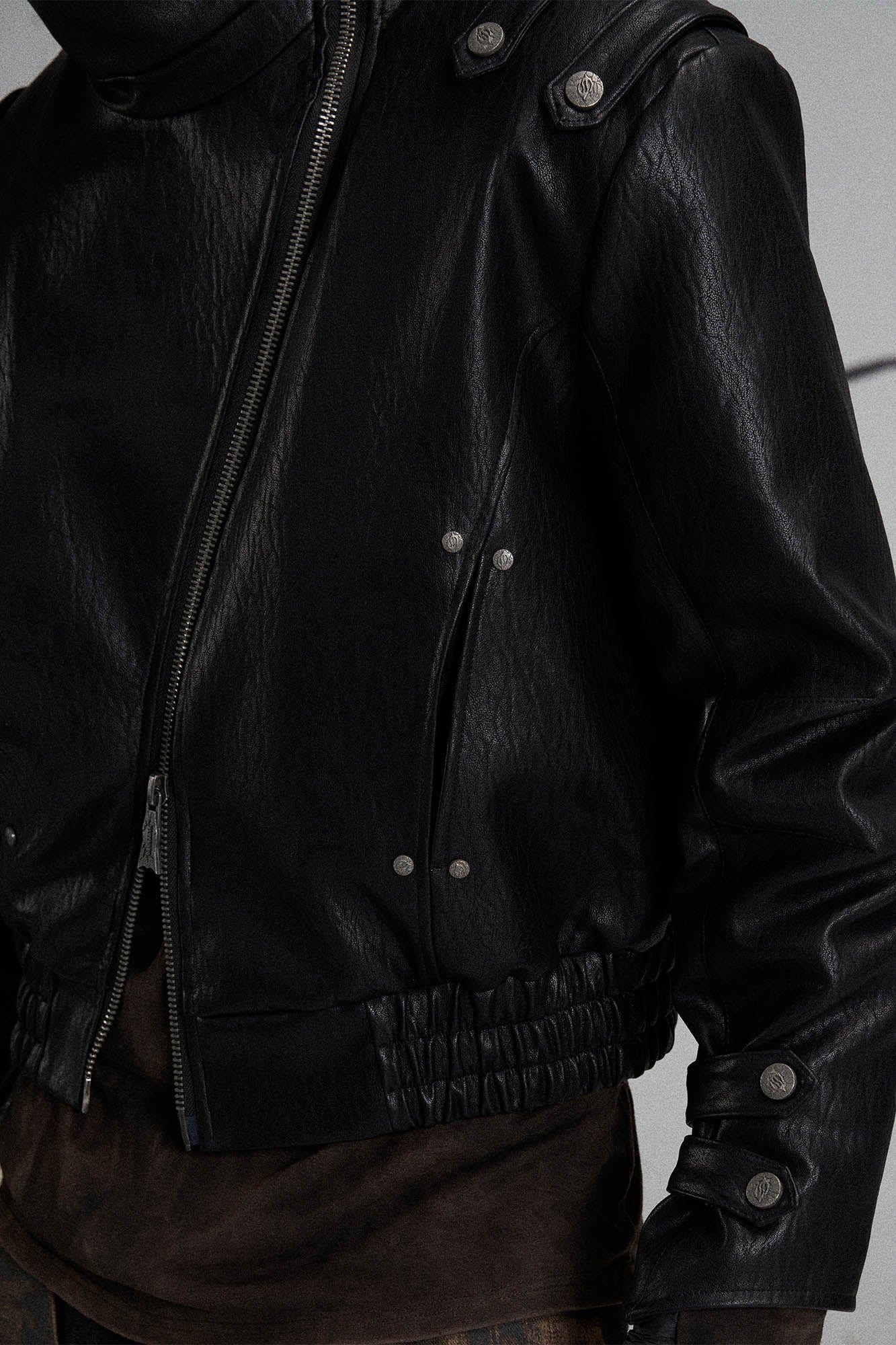 FLYERRER Mutation Asymmetrical High-Collar Faux Leather Jacket, premium urban and streetwear designers apparel on PROJECTISR.com, FLYERRER