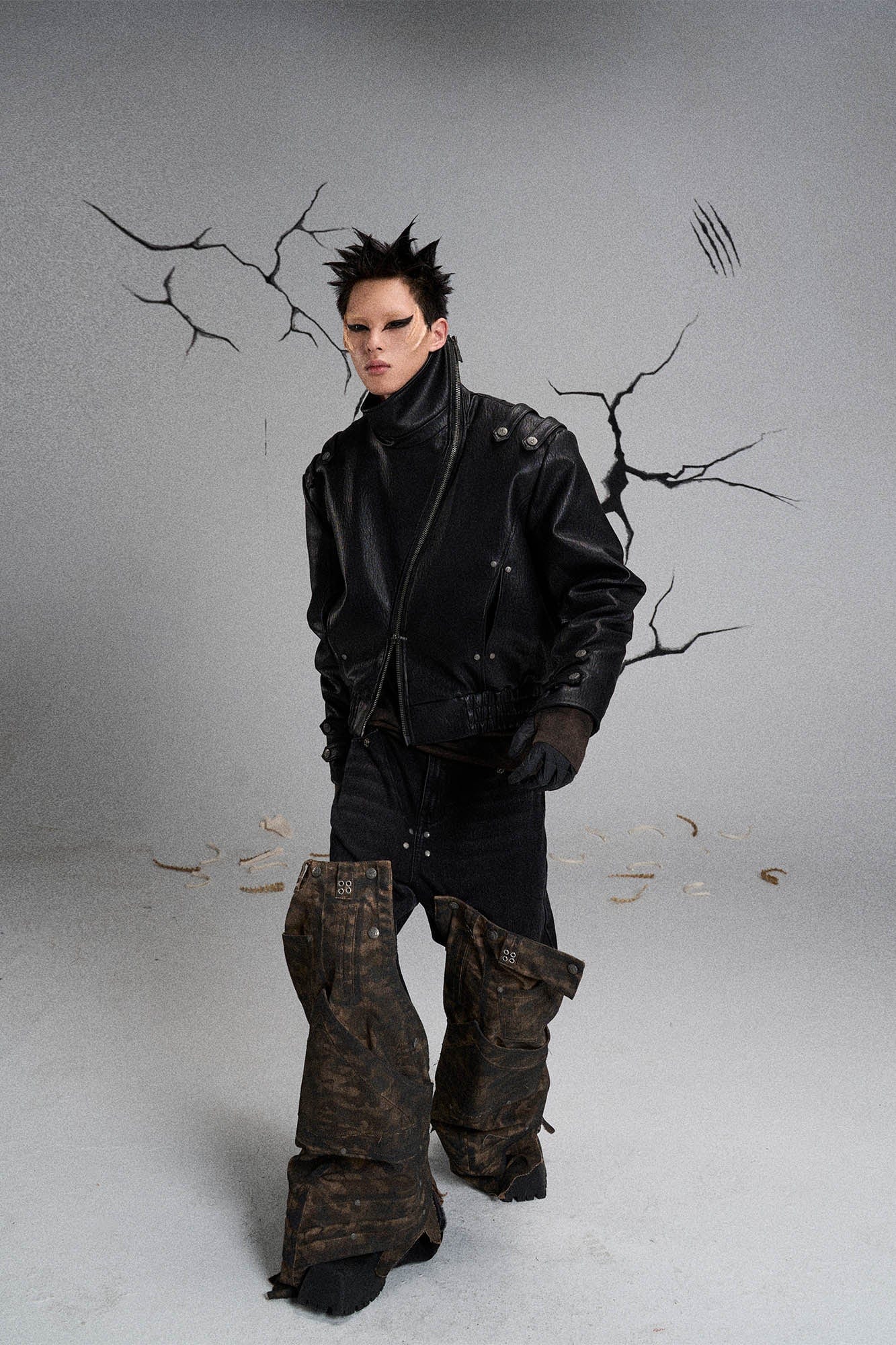 FLYERRER Mutation Asymmetrical High-Collar Faux Leather Jacket, premium urban and streetwear designers apparel on PROJECTISR.com, FLYERRER