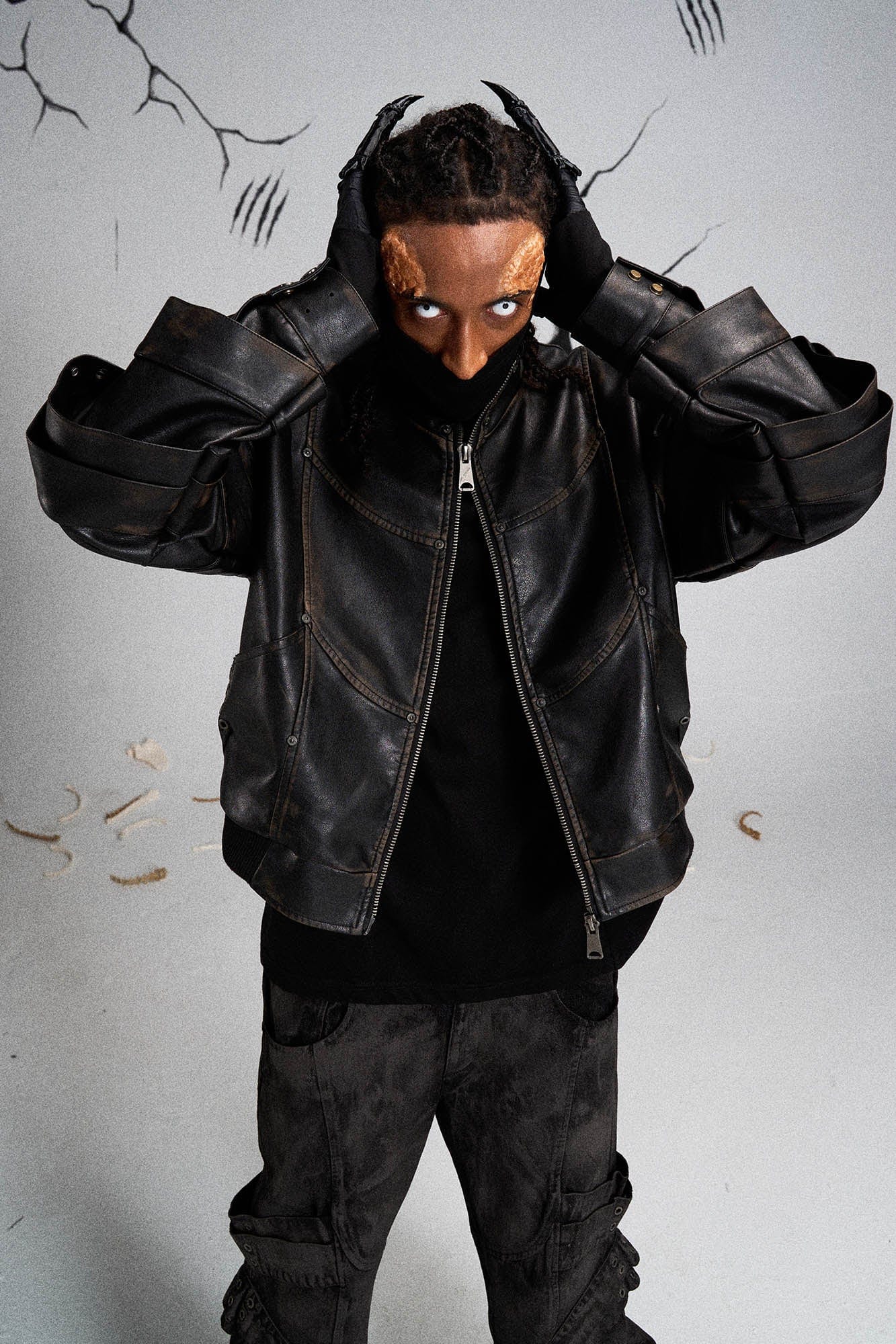 FLYERRER Mutation Layered Armor Spliced Faux Leather Jacket Black, premium urban and streetwear designers apparel on PROJECTISR.com, FLYERRER