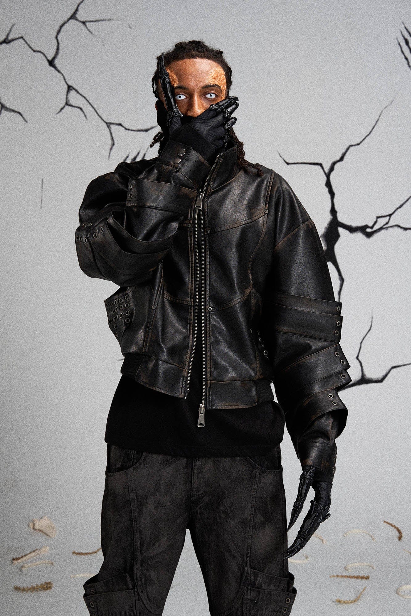 FLYERRER Mutation Layered Armor Spliced Faux Leather Jacket Black, premium urban and streetwear designers apparel on PROJECTISR.com, FLYERRER