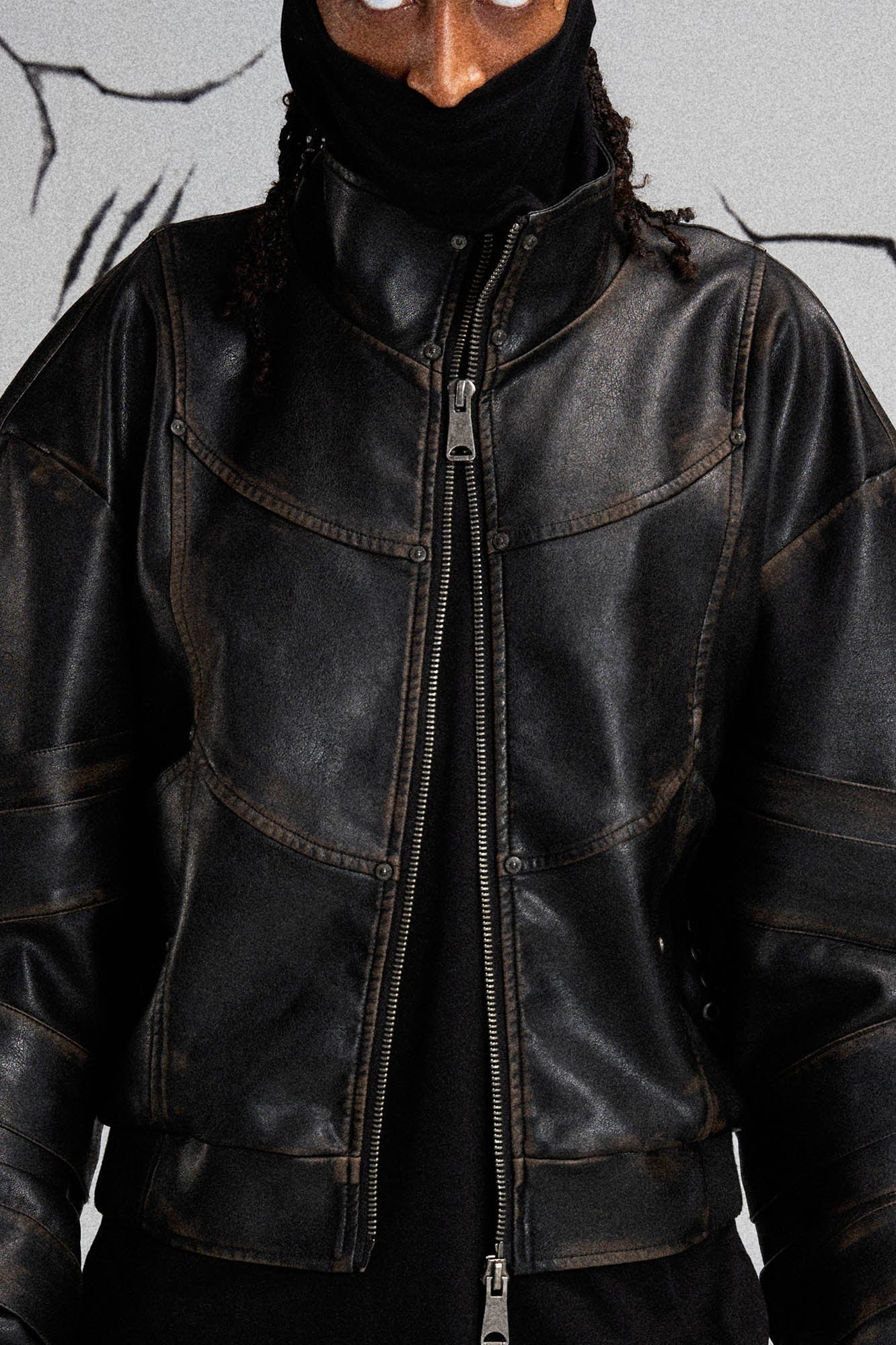 FLYERRER Mutation Layered Armor Spliced Faux Leather Jacket Black, premium urban and streetwear designers apparel on PROJECTISR.com, FLYERRER