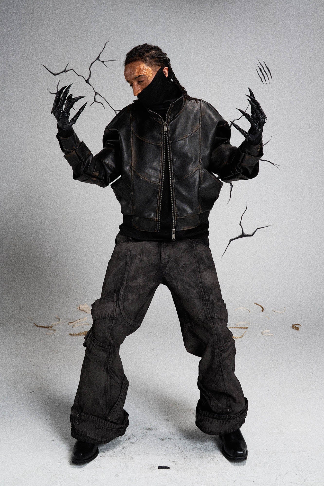 FLYERRER Mutation Layered Armor Spliced Faux Leather Jacket Black, premium urban and streetwear designers apparel on PROJECTISR.com, FLYERRER