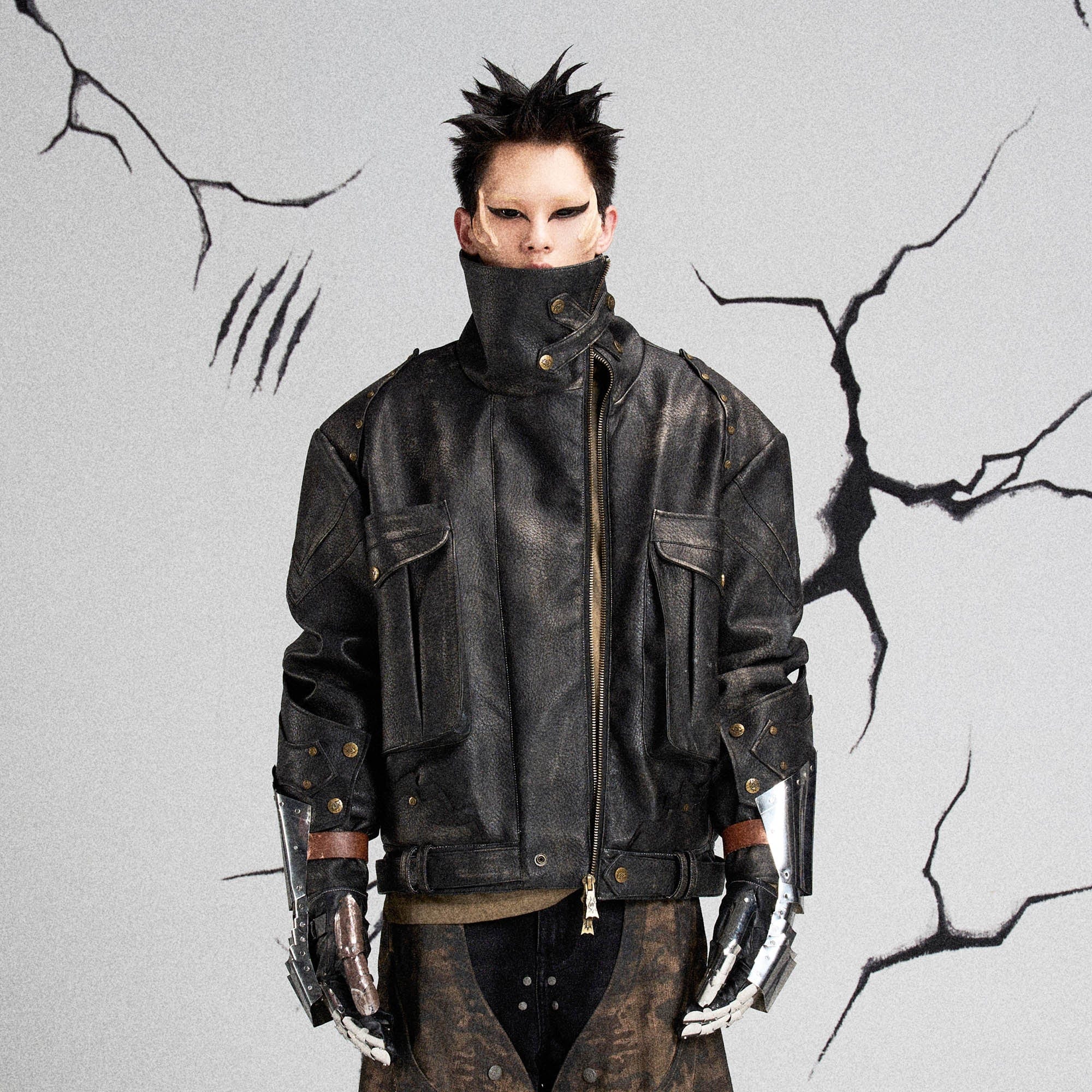 FLYERRER Mutation Knight Armor Distressed High-Collar Faux Leather Jacket, premium urban and streetwear designers apparel on PROJECTISR.com, FLYERRER