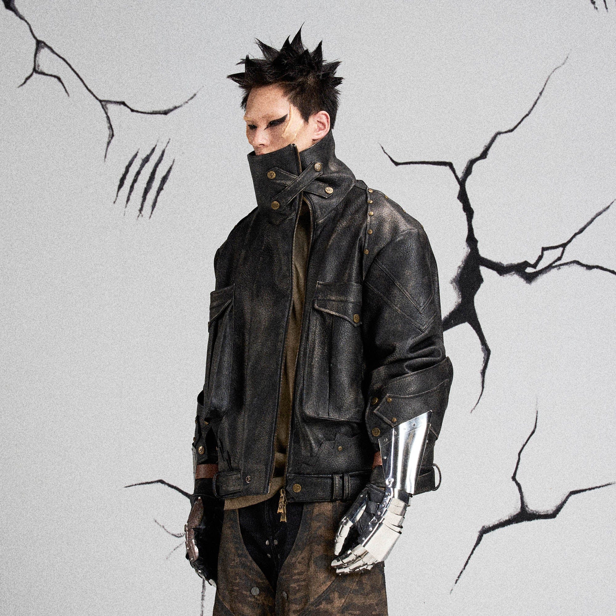 FLYERRER Mutation Knight Armor Distressed High-Collar Faux Leather Jacket, premium urban and streetwear designers apparel on PROJECTISR.com, FLYERRER