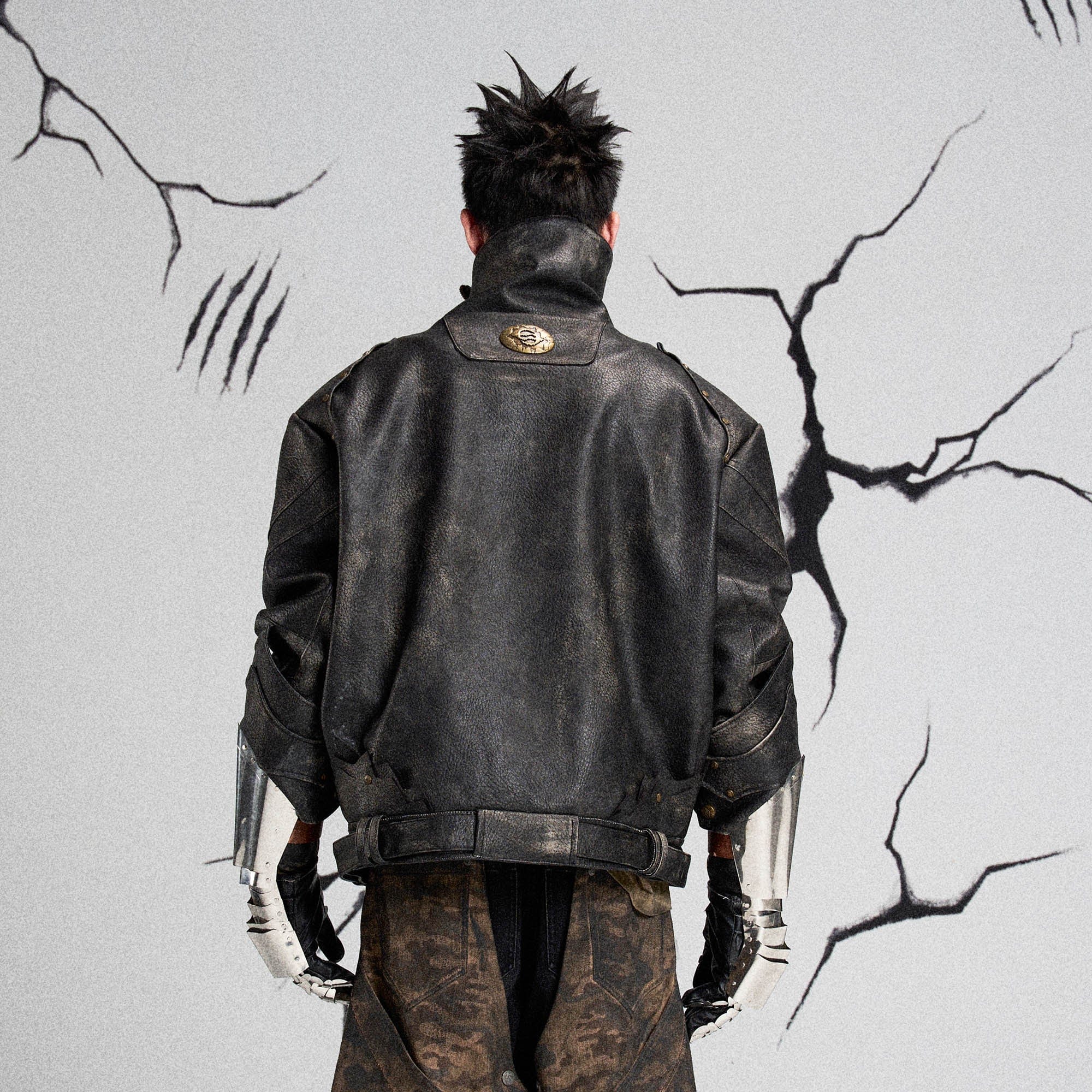 FLYERRER Mutation Knight Armor Distressed High-Collar Faux Leather Jacket, premium urban and streetwear designers apparel on PROJECTISR.com, FLYERRER