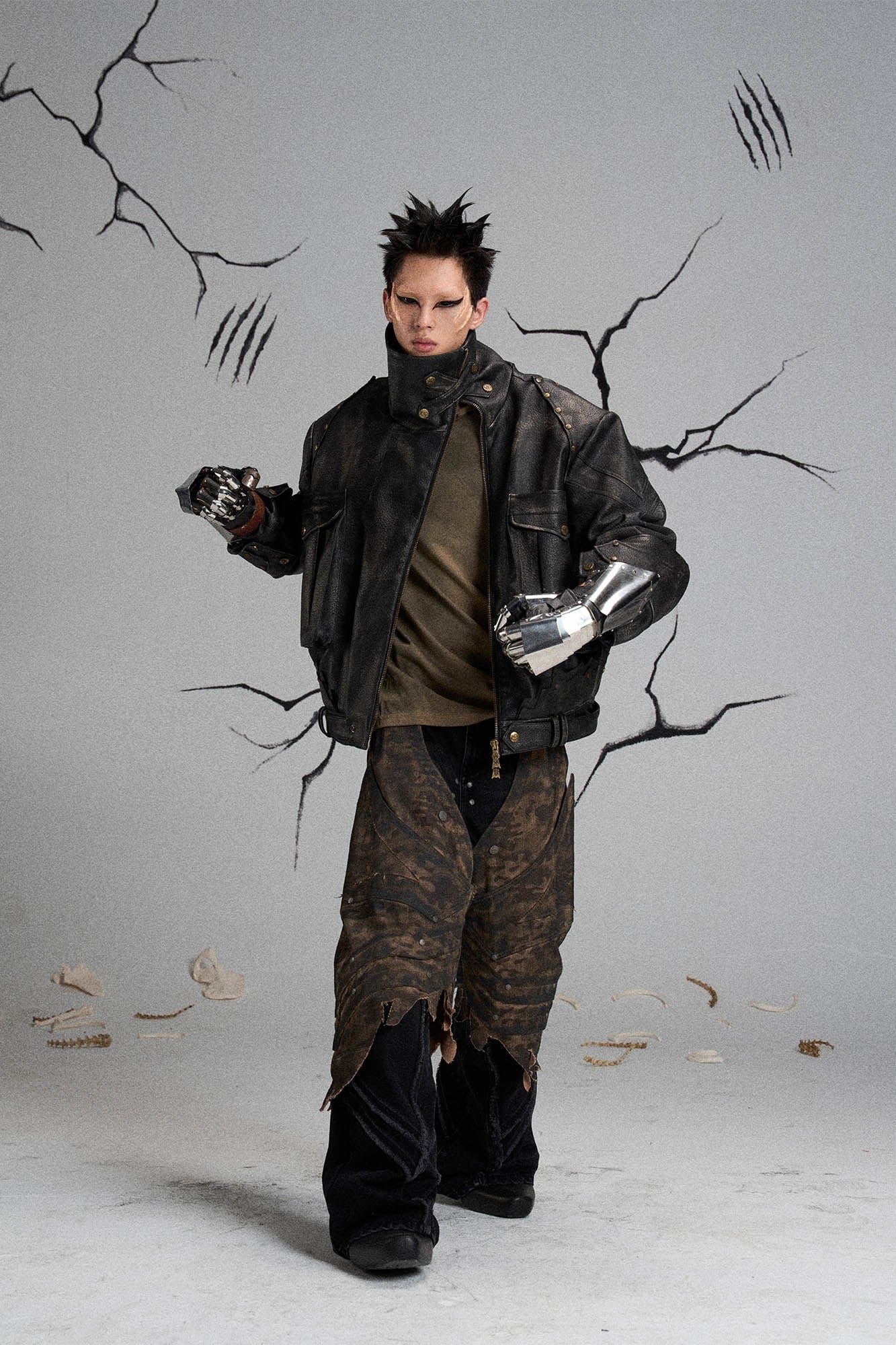 FLYERRER Mutation Knight Armor Distressed High-Collar Faux Leather Jacket, premium urban and streetwear designers apparel on PROJECTISR.com, FLYERRER