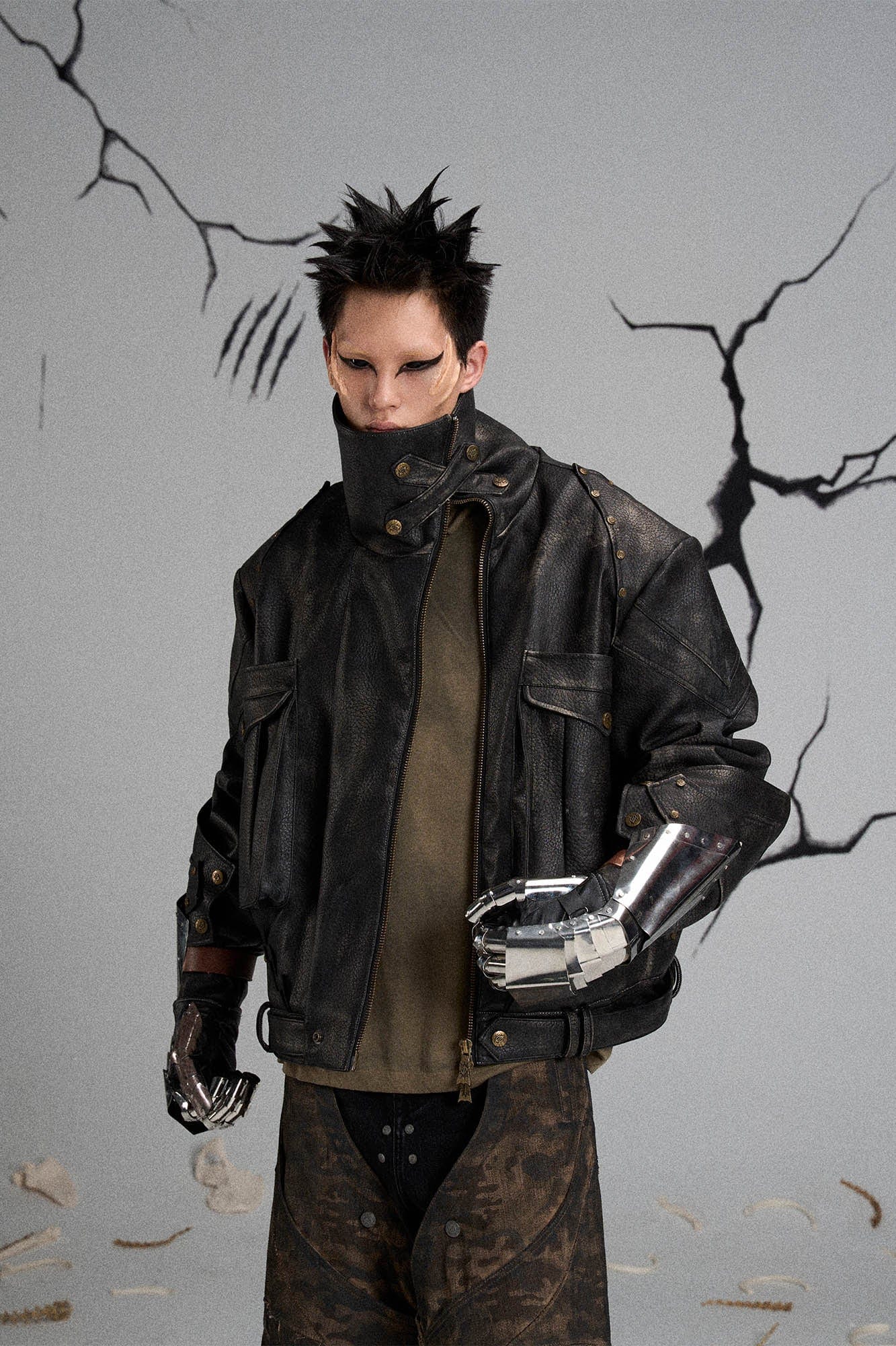FLYERRER Mutation Knight Armor Distressed High-Collar Faux Leather Jacket, premium urban and streetwear designers apparel on PROJECTISR.com, FLYERRER