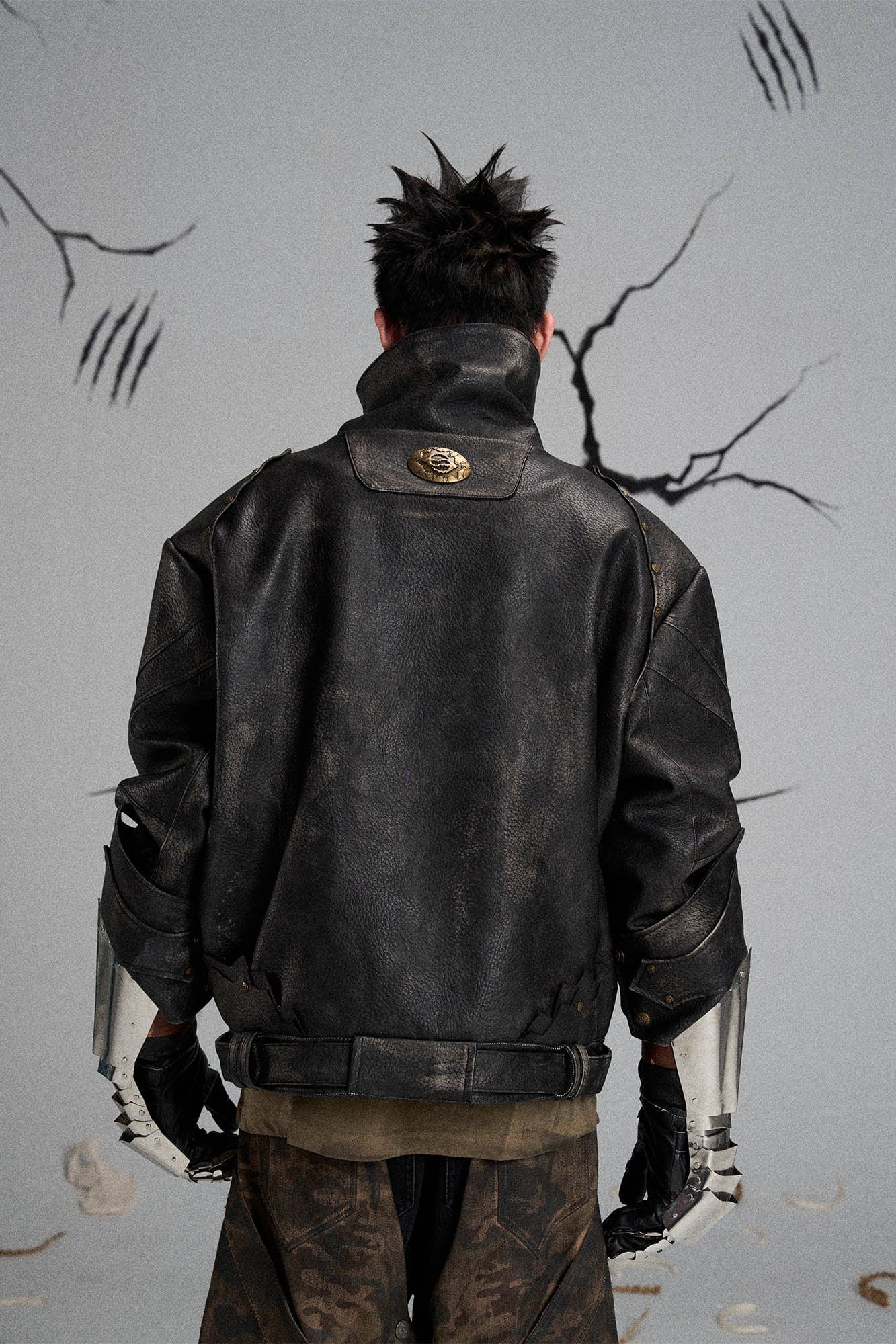 FLYERRER Mutation Knight Armor Distressed High-Collar Faux Leather Jacket, premium urban and streetwear designers apparel on PROJECTISR.com, FLYERRER