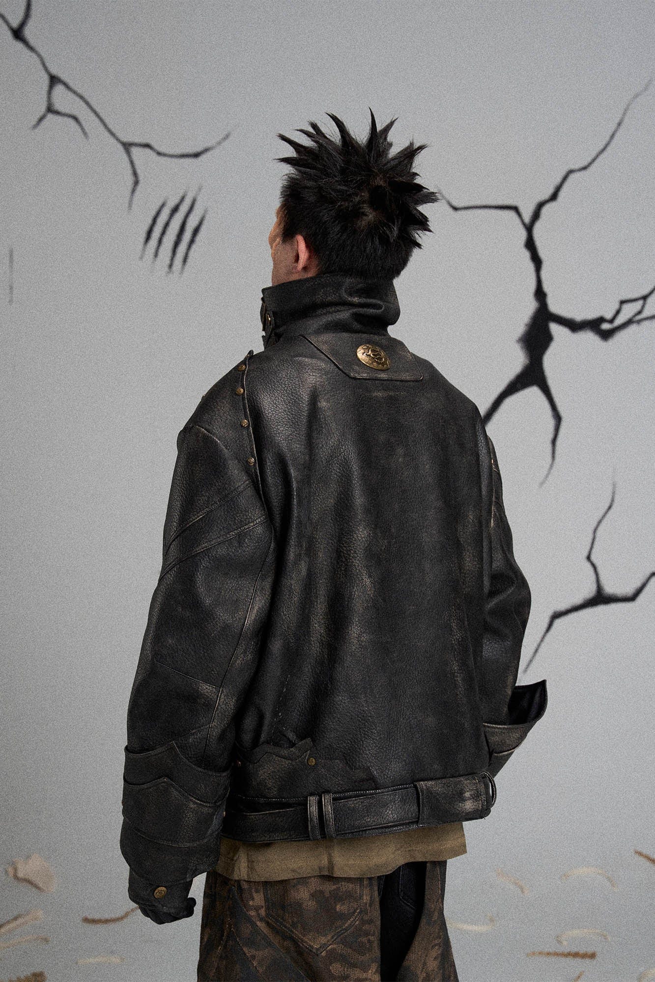 FLYERRER Mutation Knight Armor Distressed High-Collar Faux Leather Jacket, premium urban and streetwear designers apparel on PROJECTISR.com, FLYERRER