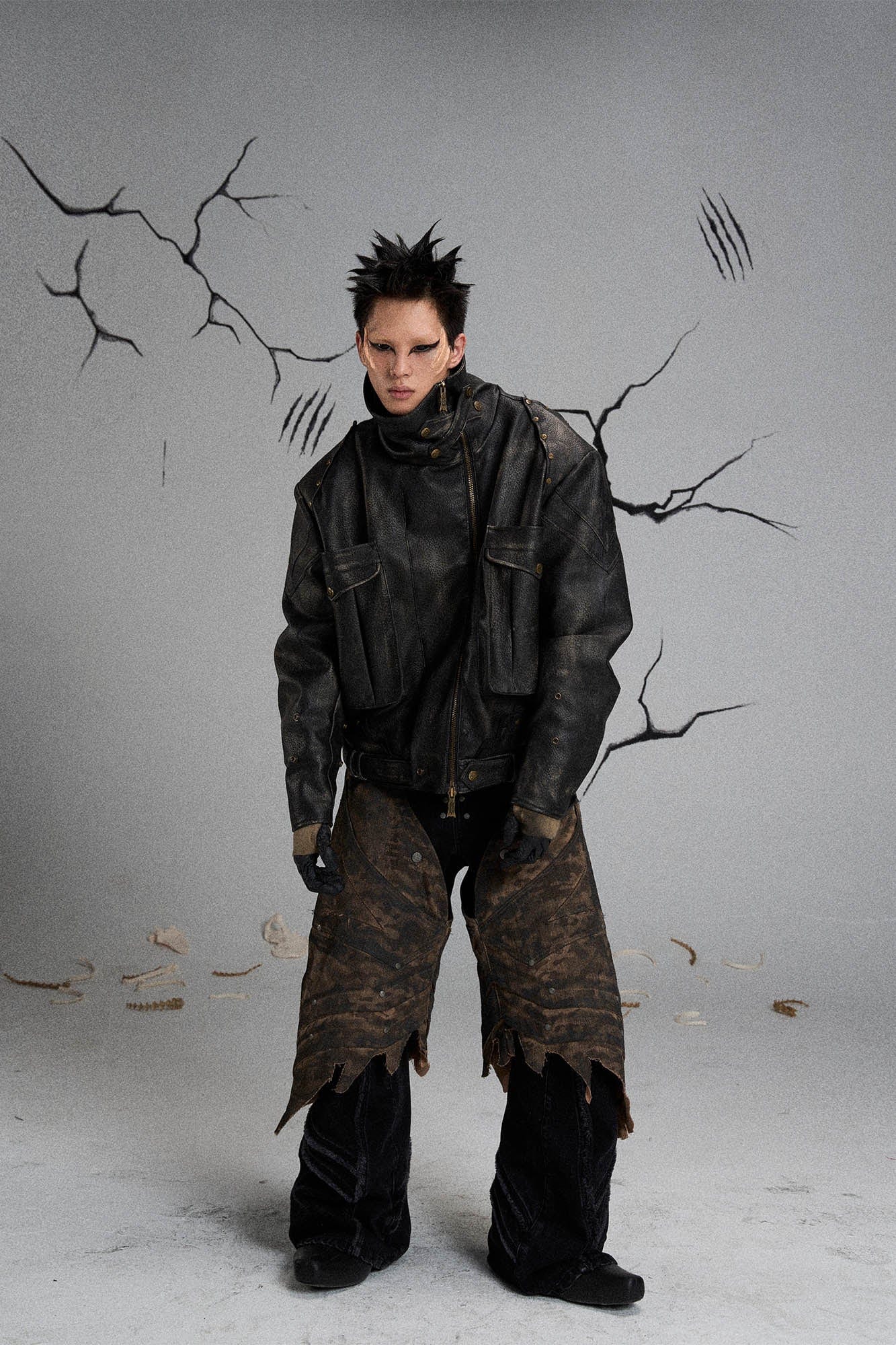 FLYERRER Mutation Knight Armor Distressed High-Collar Faux Leather Jacket, premium urban and streetwear designers apparel on PROJECTISR.com, FLYERRER