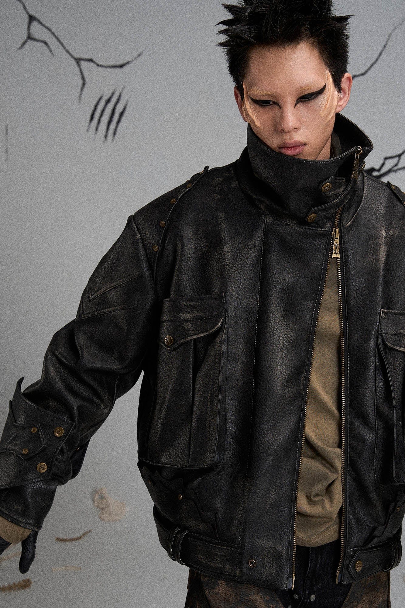 FLYERRER Mutation Knight Armor Distressed High-Collar Faux Leather Jacket, premium urban and streetwear designers apparel on PROJECTISR.com, FLYERRER