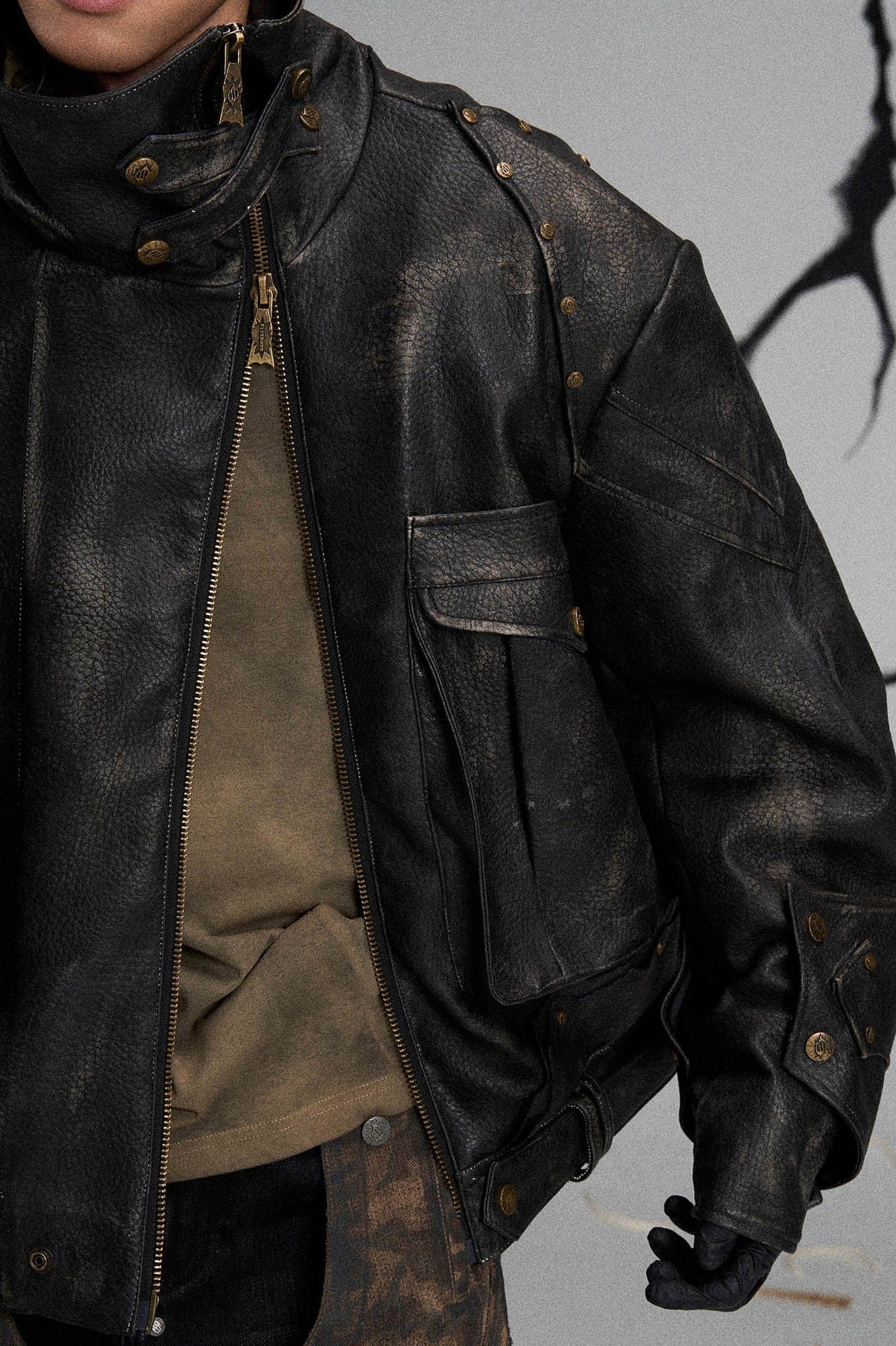 FLYERRER Mutation Knight Armor Distressed High-Collar Faux Leather Jacket, premium urban and streetwear designers apparel on PROJECTISR.com, FLYERRER