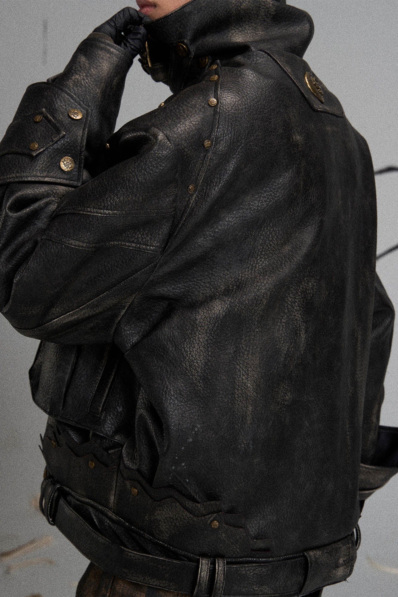 FLYERRER Mutation Knight Armor Distressed High-Collar Faux Leather Jacket, premium urban and streetwear designers apparel on PROJECTISR.com, FLYERRER