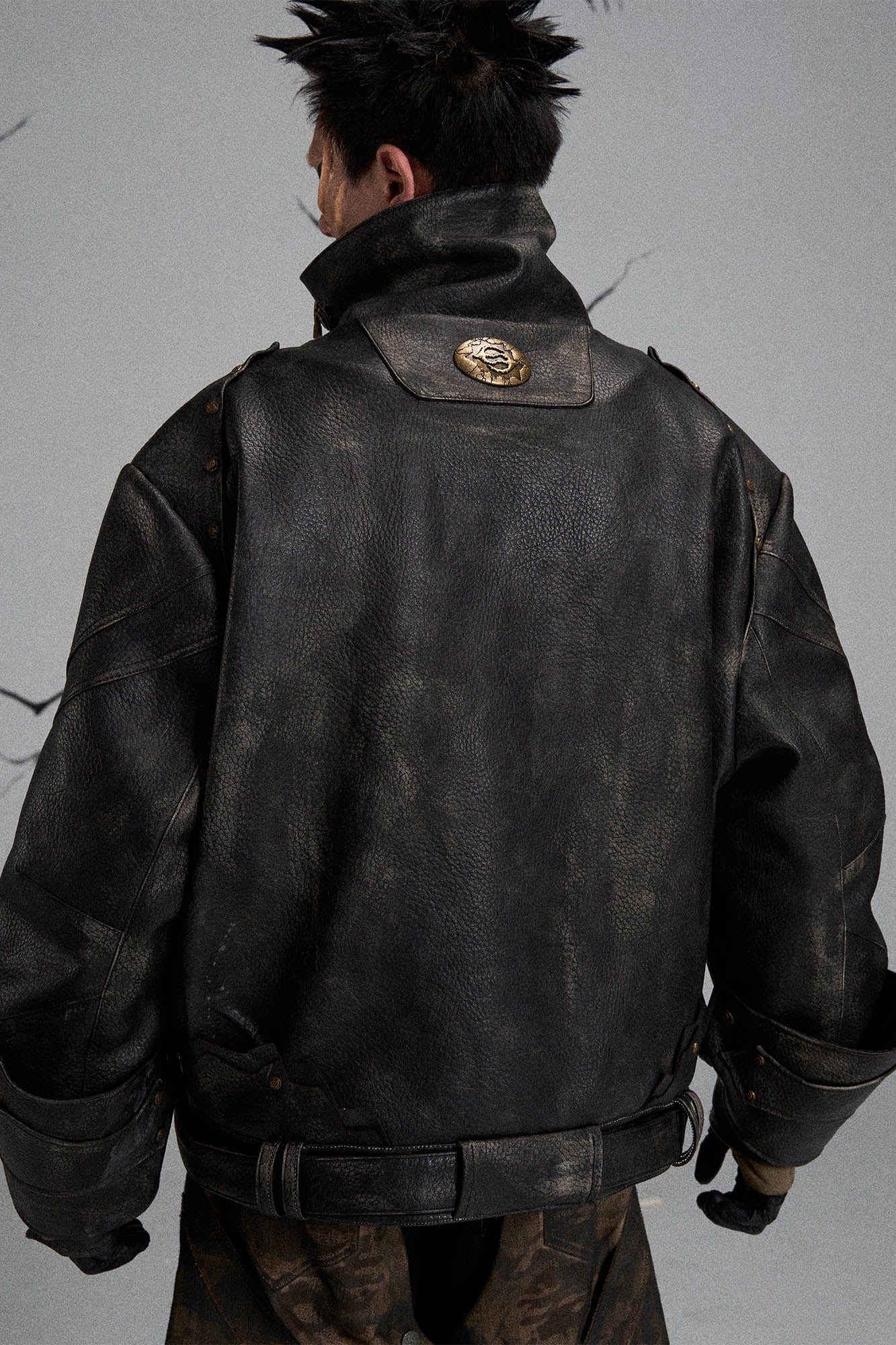 FLYERRER Mutation Knight Armor Distressed High-Collar Faux Leather Jacket, premium urban and streetwear designers apparel on PROJECTISR.com, FLYERRER