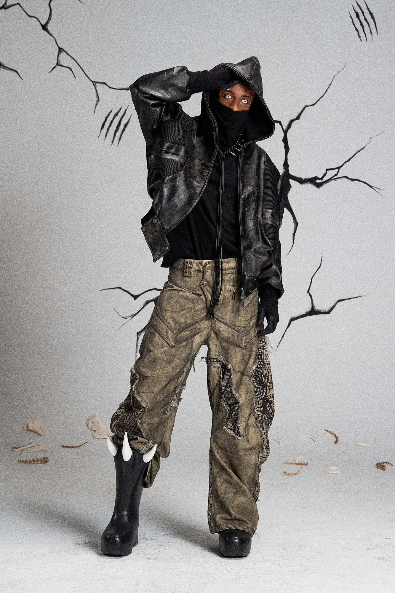 FLYERRER Mutation Distressed Fungal Invasion Machete Pants, premium urban and streetwear designers apparel on PROJECTISR.com, FLYERRER