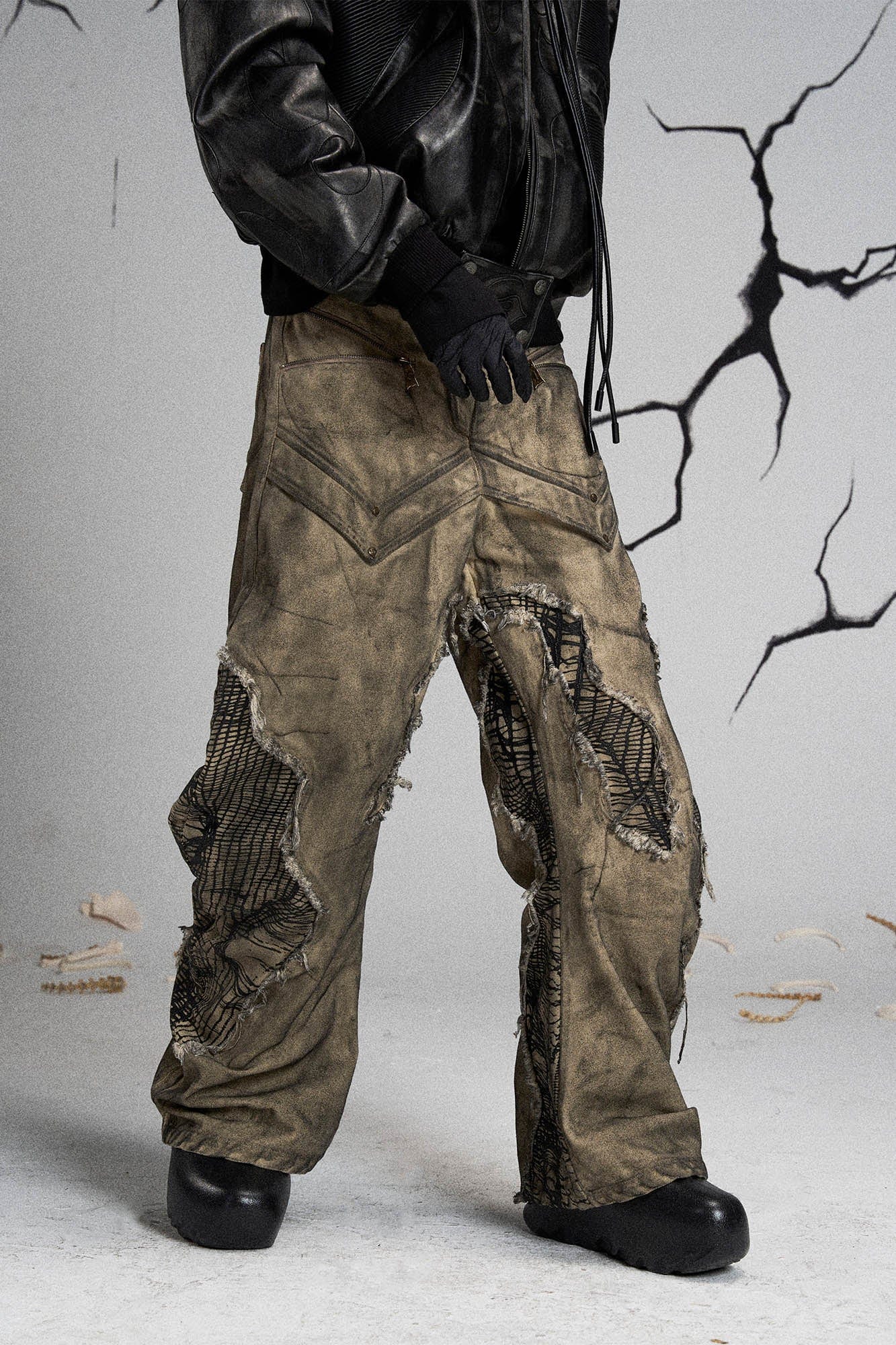 FLYERRER Mutation Distressed Fungal Invasion Machete Pants, premium urban and streetwear designers apparel on PROJECTISR.com, FLYERRER