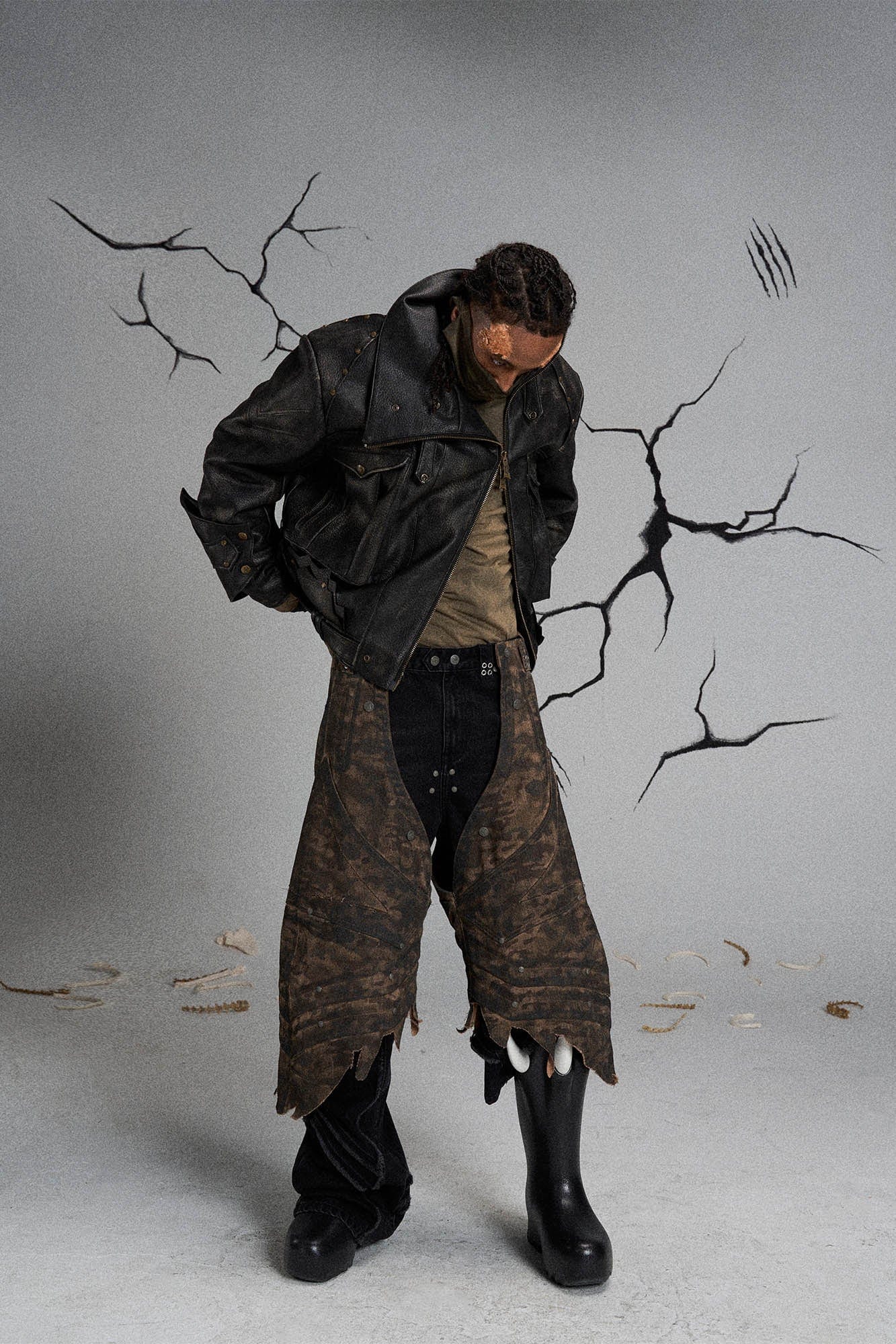 FLYERRER Mutation Knight Armor Distressed High-Collar Faux Leather Jacket, premium urban and streetwear designers apparel on PROJECTISR.com, FLYERRER
