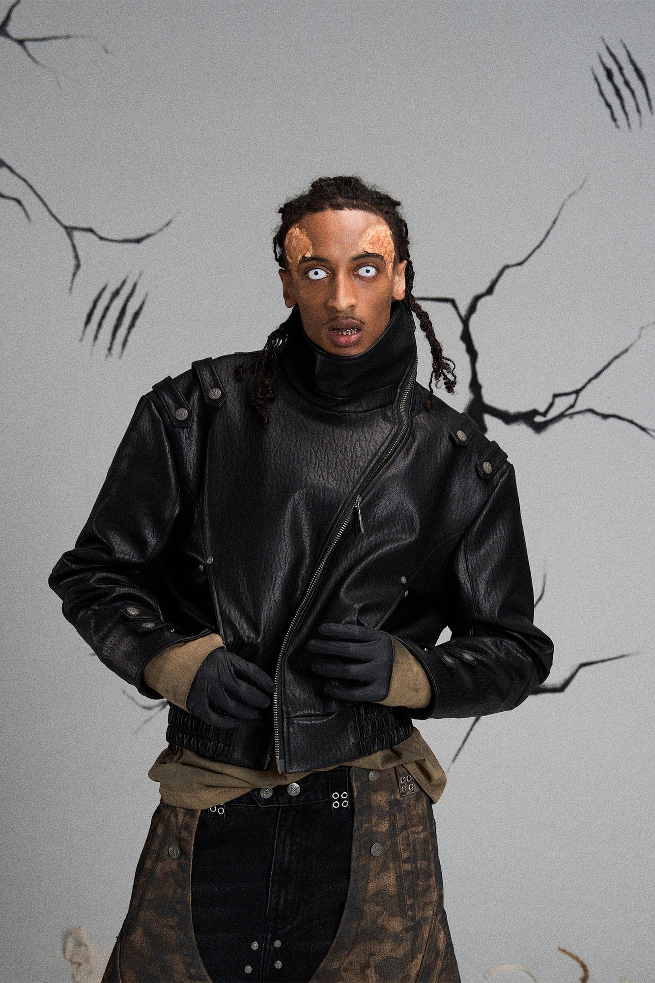 FLYERRER Mutation Asymmetrical High-Collar Faux Leather Jacket, premium urban and streetwear designers apparel on PROJECTISR.com, FLYERRER