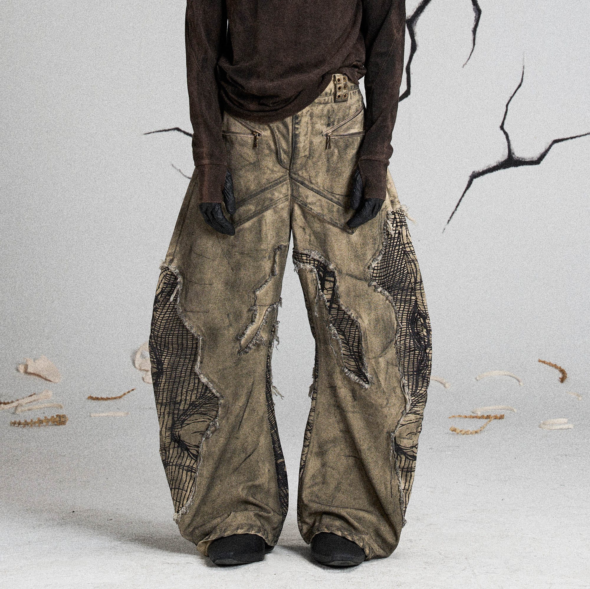 FLYERRER Mutation Distressed Fungal Invasion Machete Pants, premium urban and streetwear designers apparel on PROJECTISR.com, FLYERRER