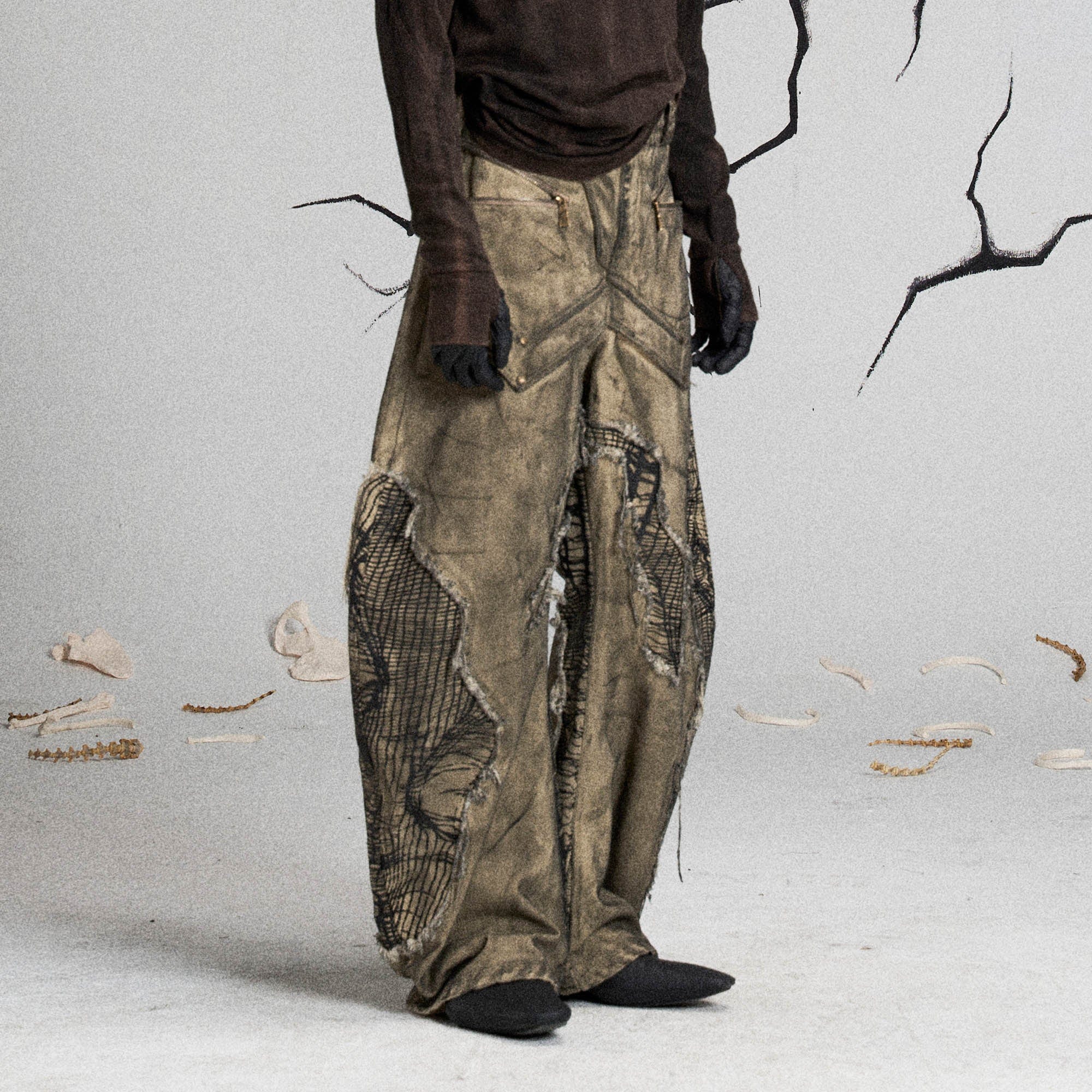 FLYERRER Mutation Distressed Fungal Invasion Machete Pants, premium urban and streetwear designers apparel on PROJECTISR.com, FLYERRER