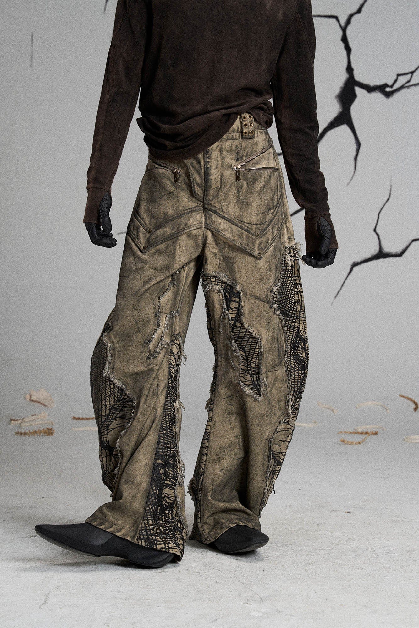 FLYERRER Mutation Distressed Fungal Invasion Machete Pants, premium urban and streetwear designers apparel on PROJECTISR.com, FLYERRER