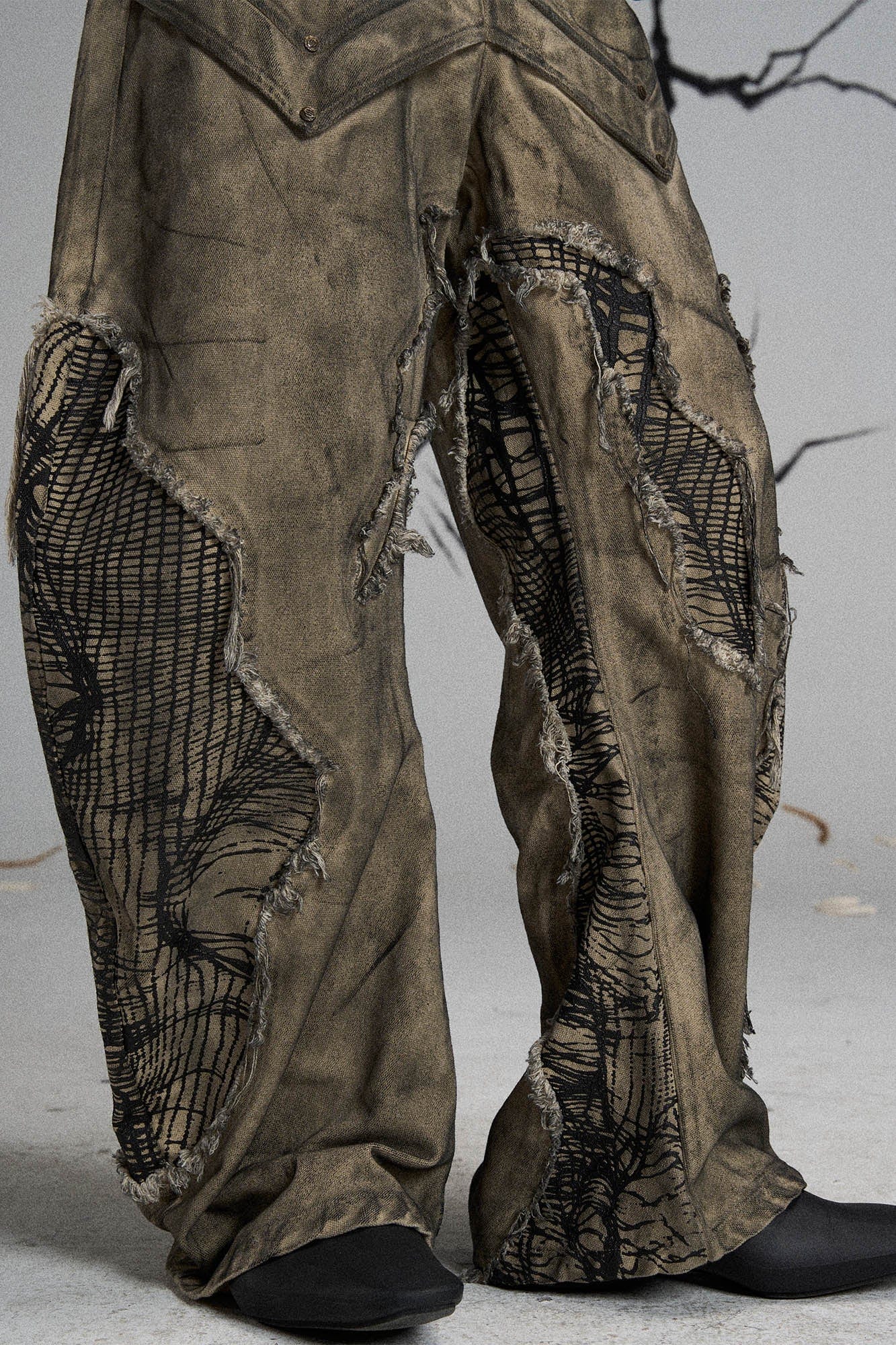 FLYERRER Mutation Distressed Fungal Invasion Machete Pants, premium urban and streetwear designers apparel on PROJECTISR.com, FLYERRER