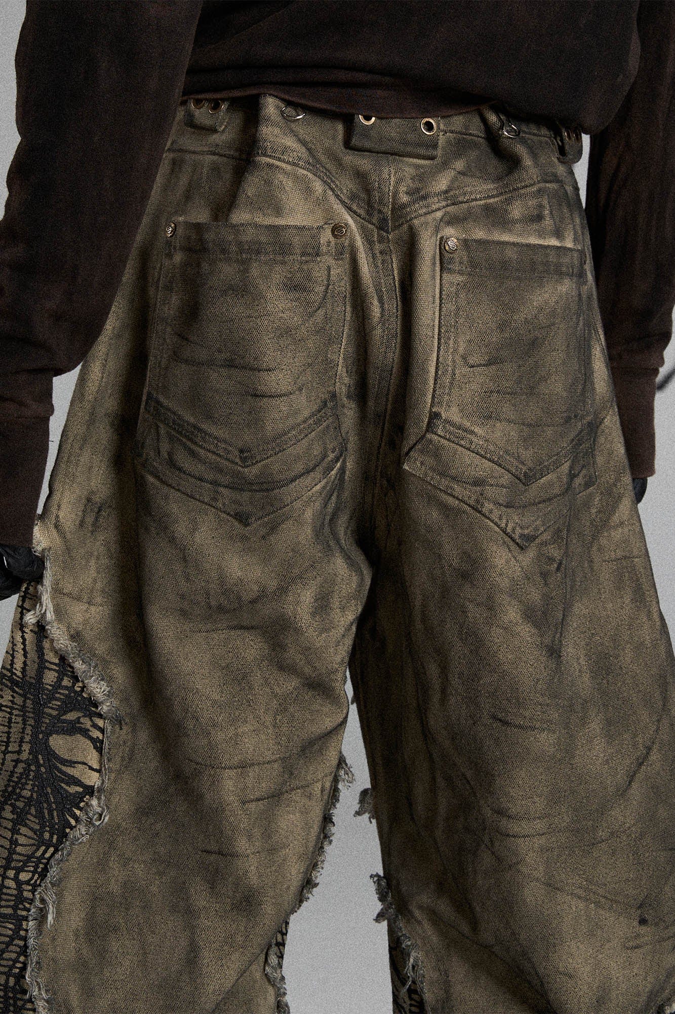 FLYERRER Mutation Distressed Fungal Invasion Machete Pants, premium urban and streetwear designers apparel on PROJECTISR.com, FLYERRER