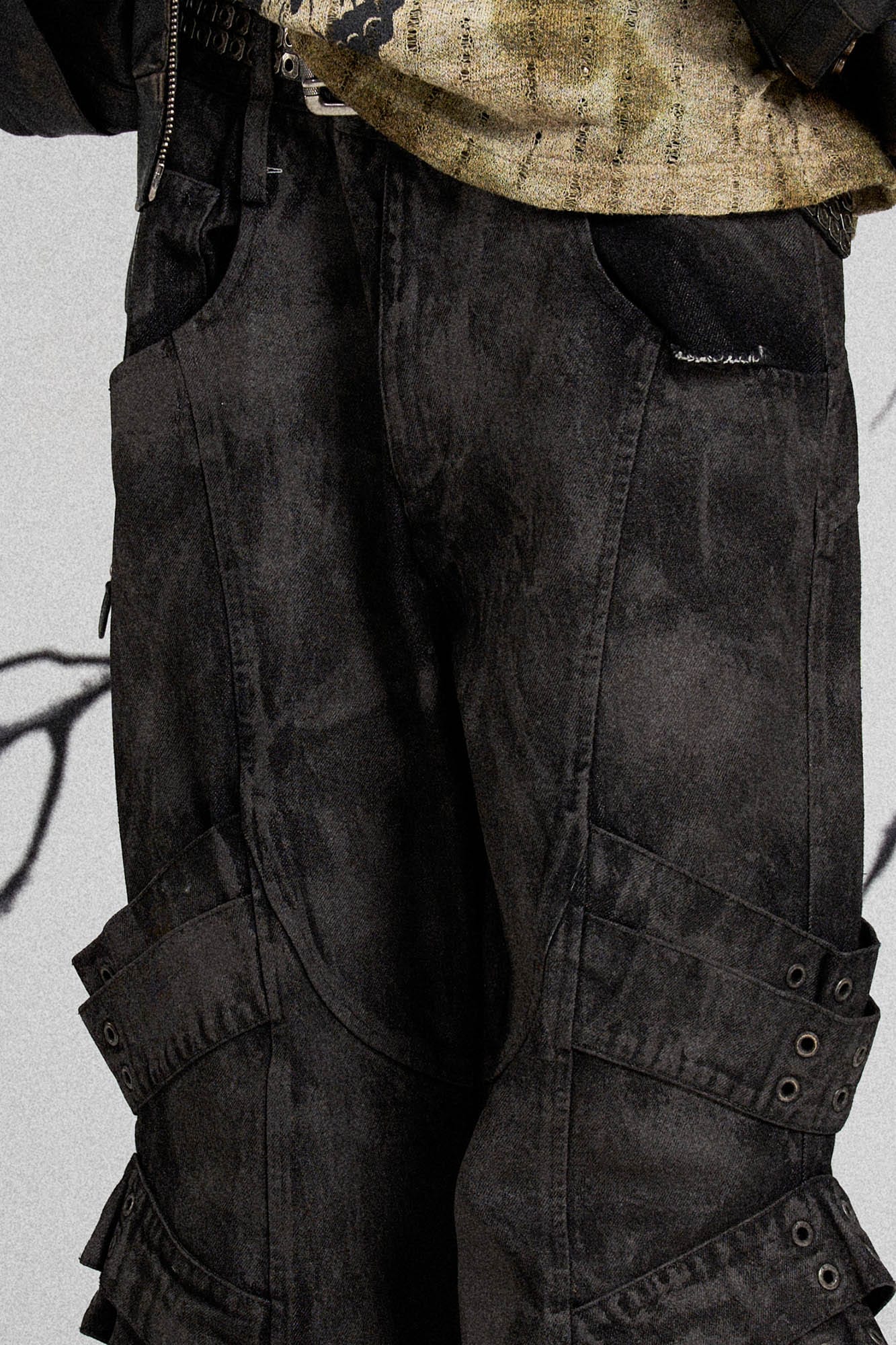 FLYERRER Mutation Layered Strap Distressed Wide-Leg Pants, premium urban and streetwear designers apparel on PROJECTISR.com, FLYERRER
