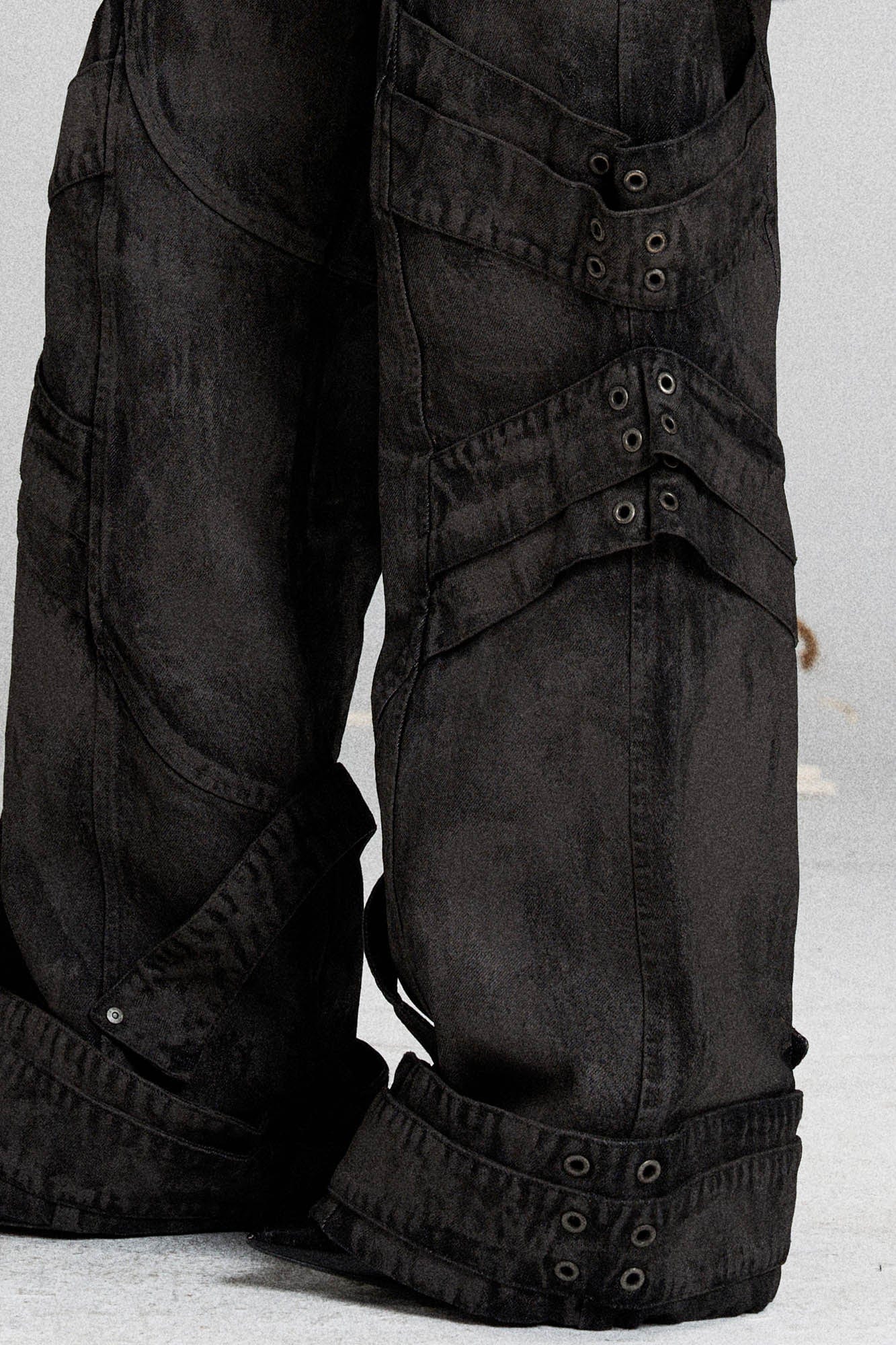 FLYERRER Mutation Layered Strap Distressed Wide-Leg Pants, premium urban and streetwear designers apparel on PROJECTISR.com, FLYERRER
