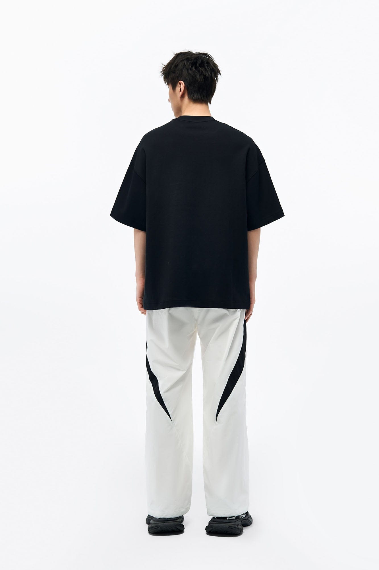OVERLAPS Contrast Panel Crinkled-Knee Track Pants, premium urban and streetwear designers apparel on PROJECTISR.com, OVERLAPS