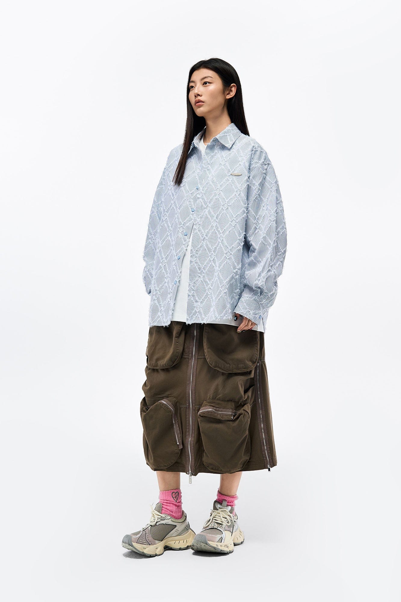 OVERLAPS Frayed Diamond Stripe Overshirt, premium urban and streetwear designers apparel on PROJECTISR.com, OVERLAPS