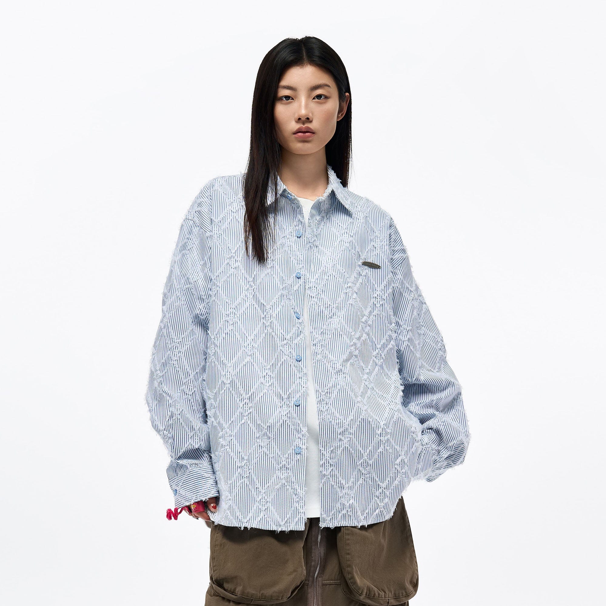 OVERLAPS Frayed Diamond Stripe Overshirt, premium urban and streetwear designers apparel on PROJECTISR.com, OVERLAPS