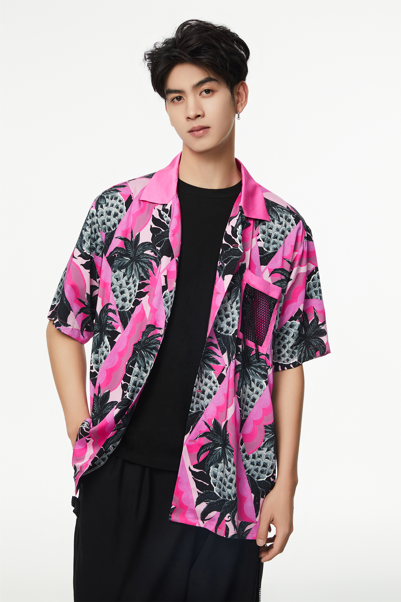 MASH UP ASIA Hawaiian Pineapple Graphic Half Shirt Black, premium urban and streetwear designers apparel on PROJECTISR.com, MASH UP ASIA