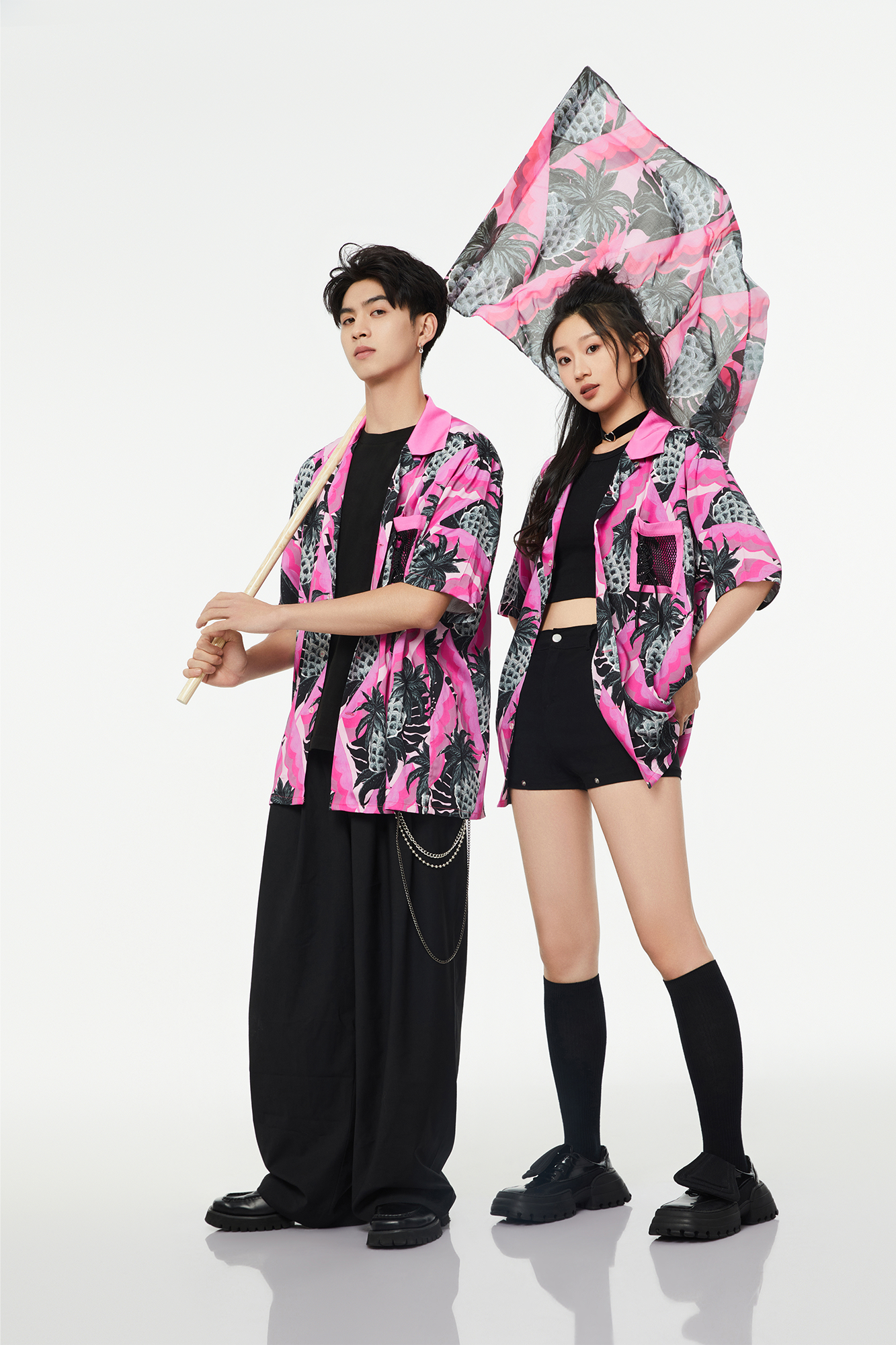 MASH UP ASIA Hawaiian Pineapple Graphic Half Shirt Black, premium urban and streetwear designers apparel on PROJECTISR.com, MASH UP ASIA
