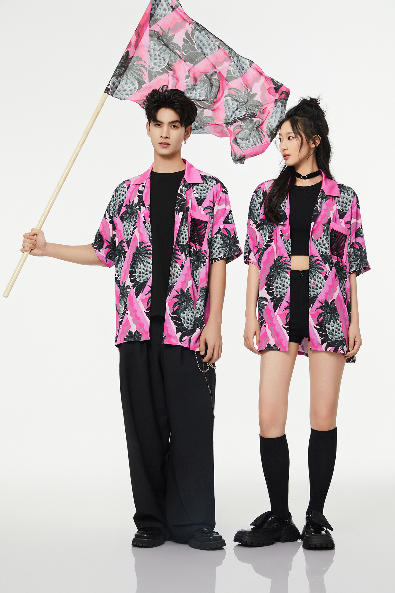 MASH UP ASIA Hawaiian Pineapple Graphic Half Shirt Black, premium urban and streetwear designers apparel on PROJECTISR.com, MASH UP ASIA