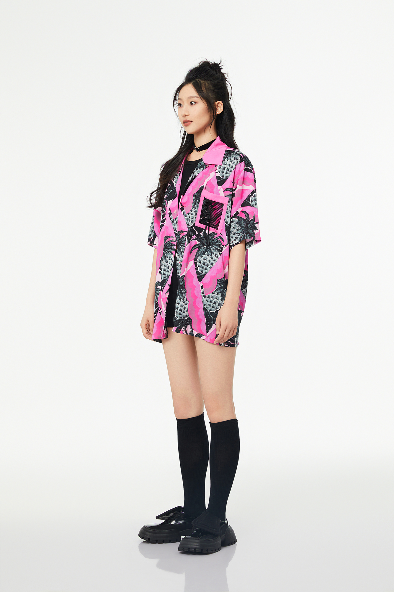 MASH UP ASIA Hawaiian Pineapple Graphic Half Shirt Black, premium urban and streetwear designers apparel on PROJECTISR.com, MASH UP ASIA