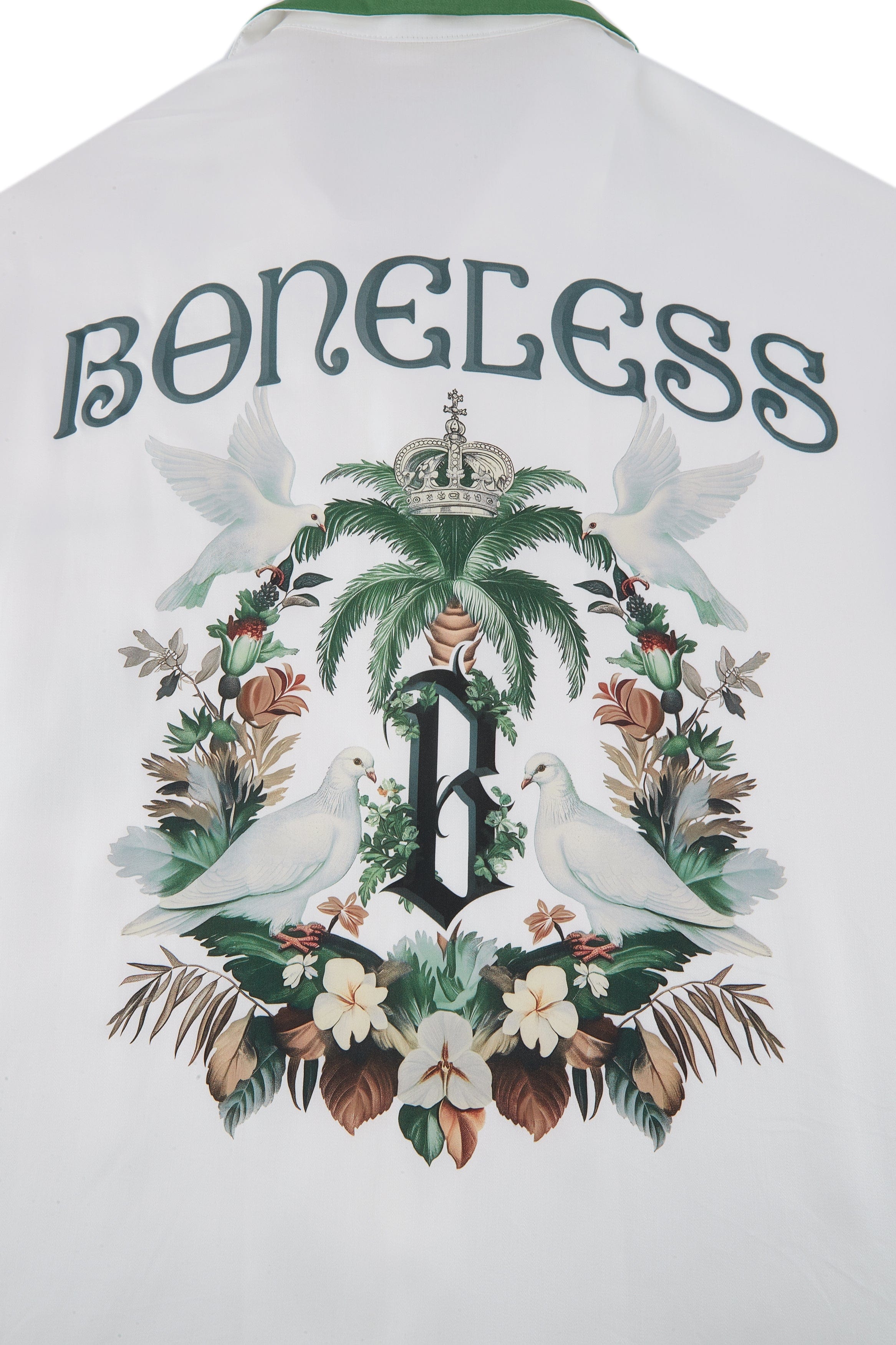 BONELESS Palm Tree & Dove Graphic Striped Collar Tencel Half Shirt, premium urban and streetwear designers apparel on PROJECTISR.com, BONELESS